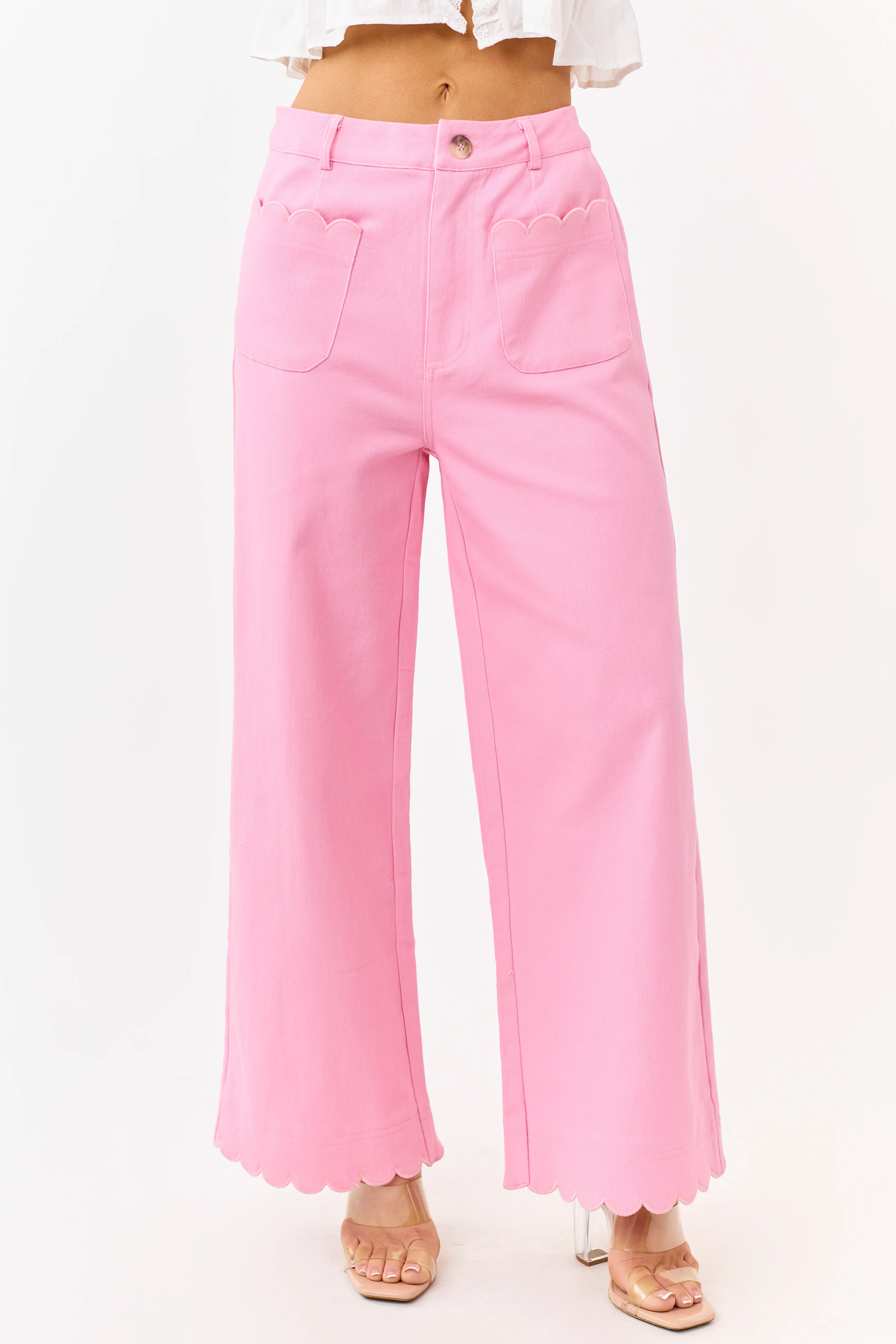 Entro Baby Pink Scalloped Trim Wide Leg Denim Pants - Image 2