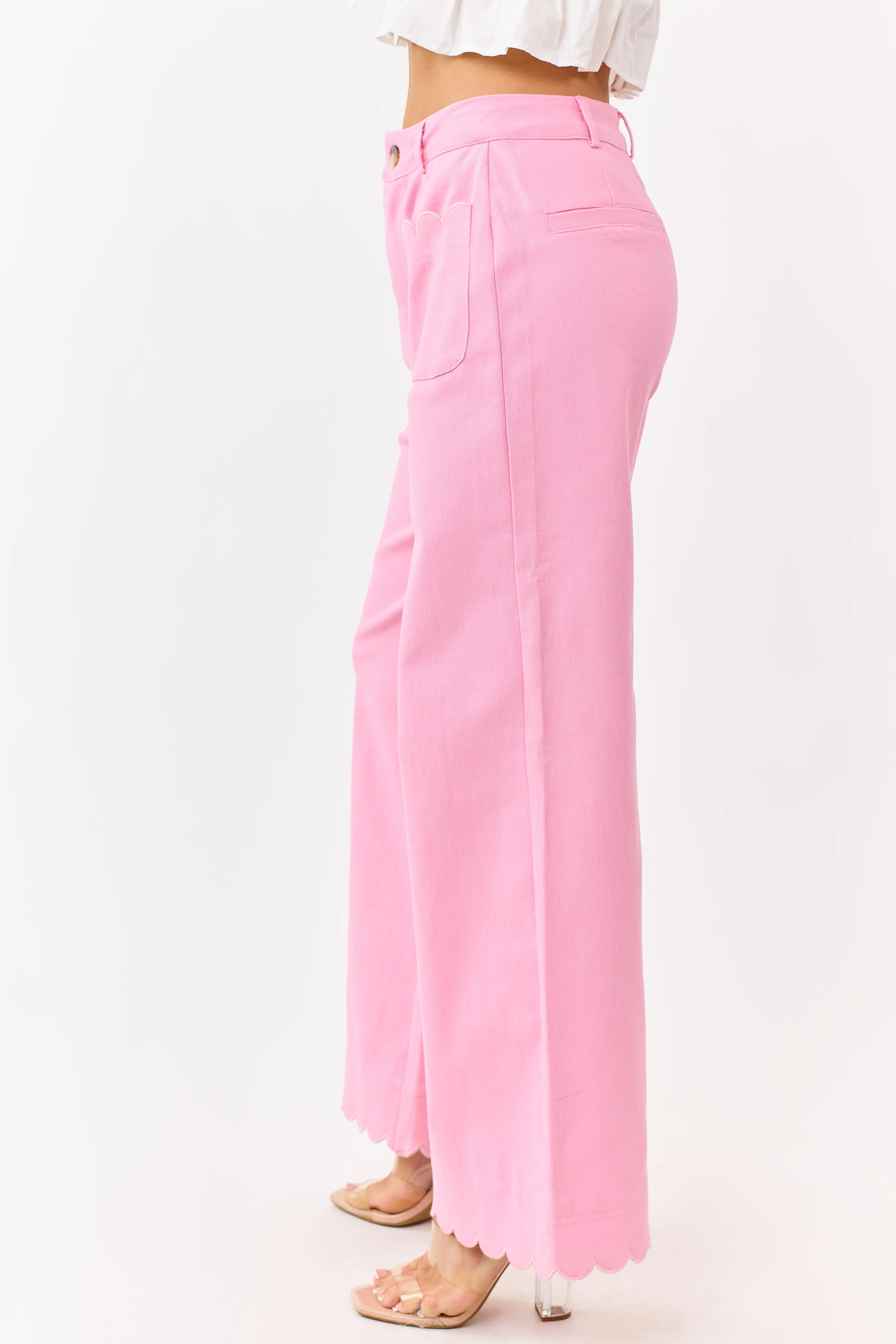 Entro Baby Pink Scalloped Trim Wide Leg Denim Pants - Image 3