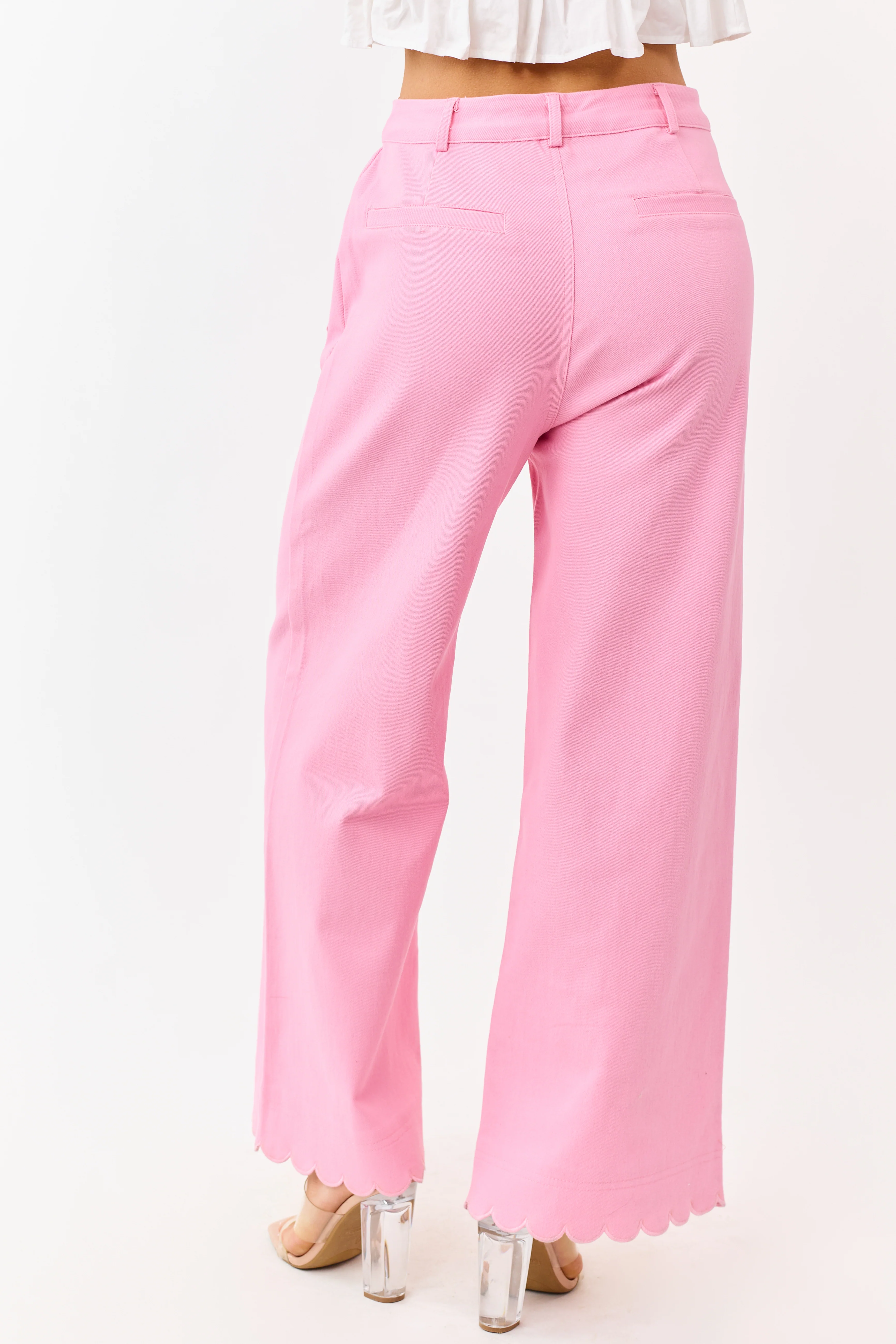 Entro Baby Pink Scalloped Trim Wide Leg Denim Pants - Image 4