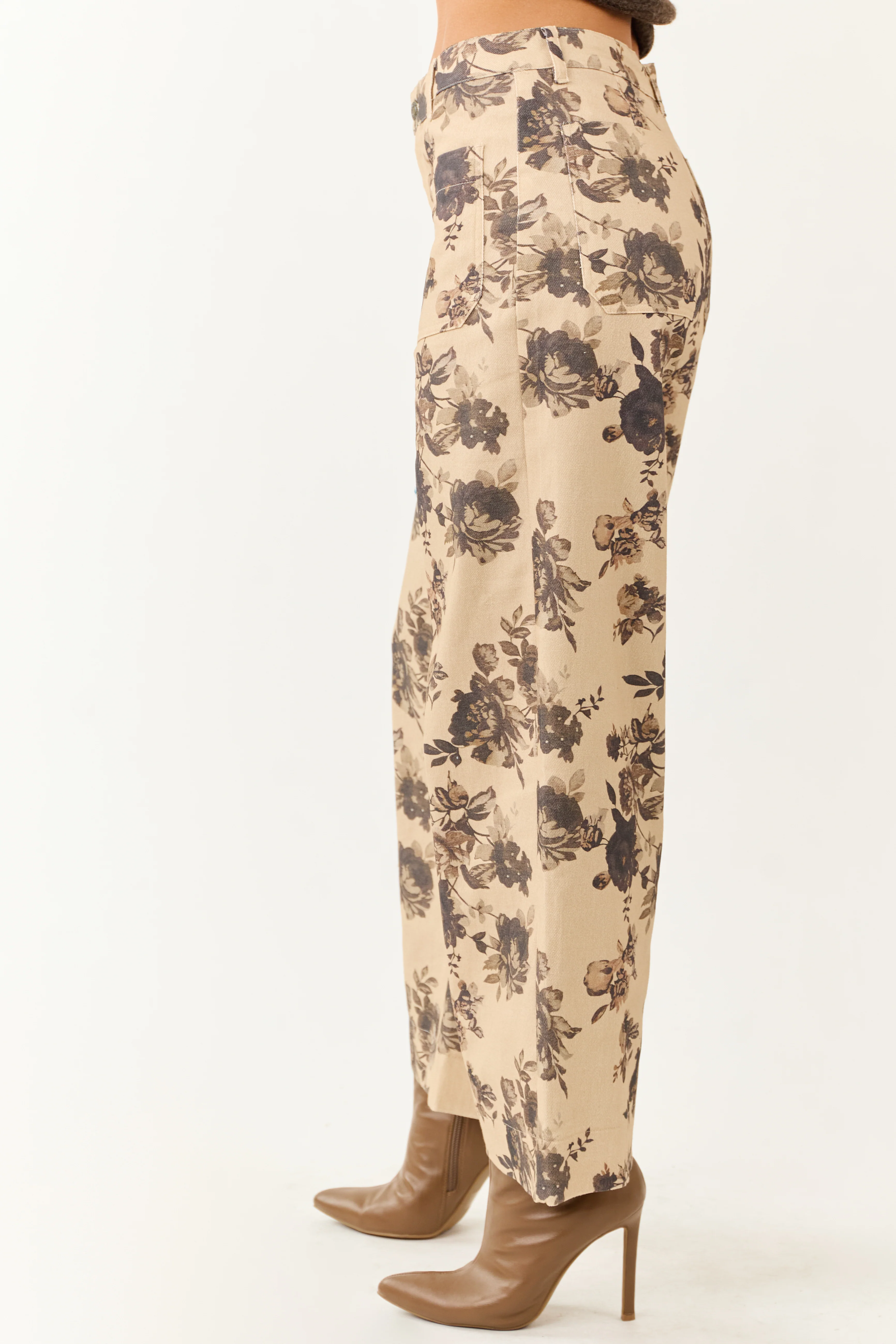 Entro Beige Rose Print Wide Leg High Rise Denim Pants - Image 4