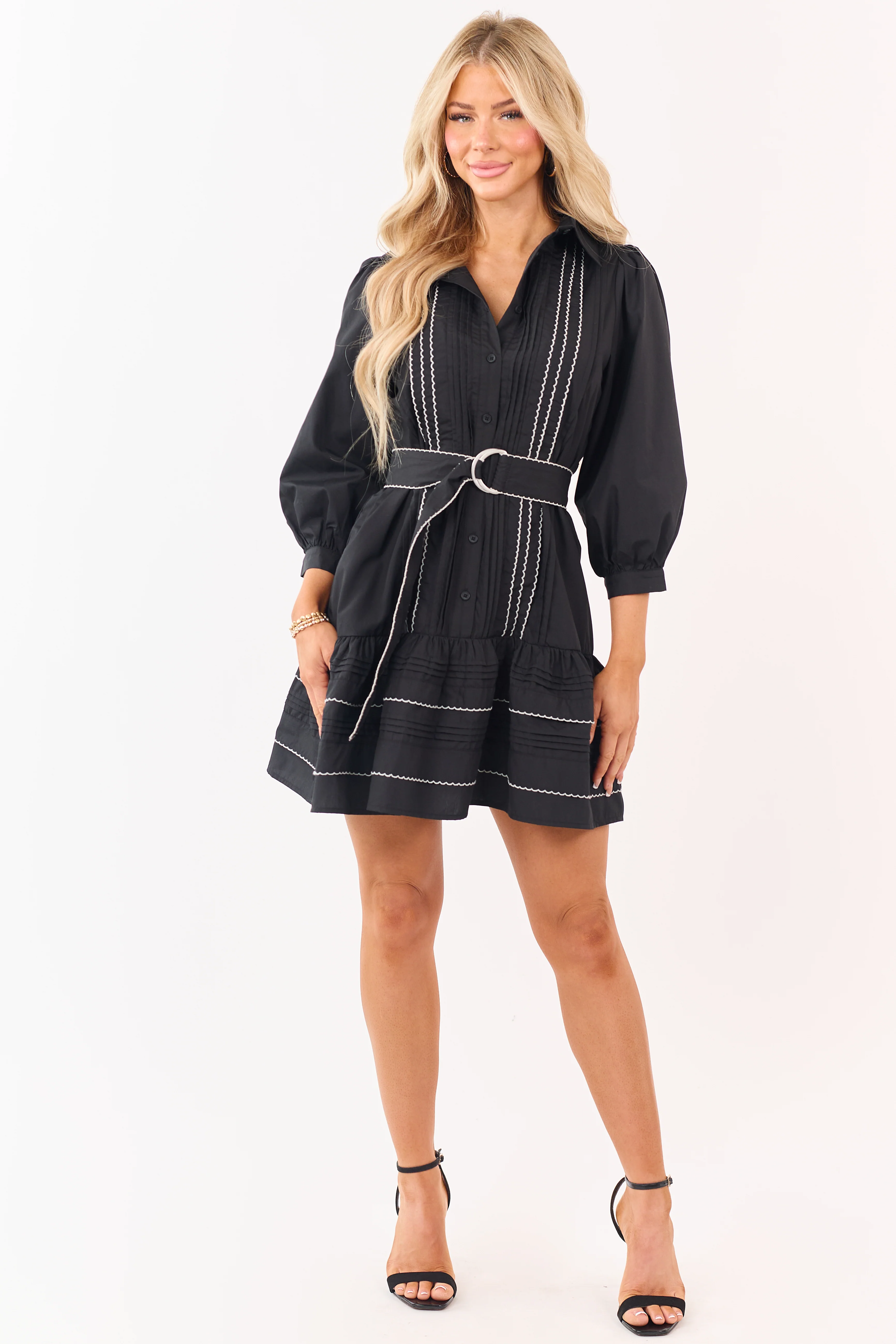 Entro Black Button Down Pintuck Belted Mini Dress - Image 3