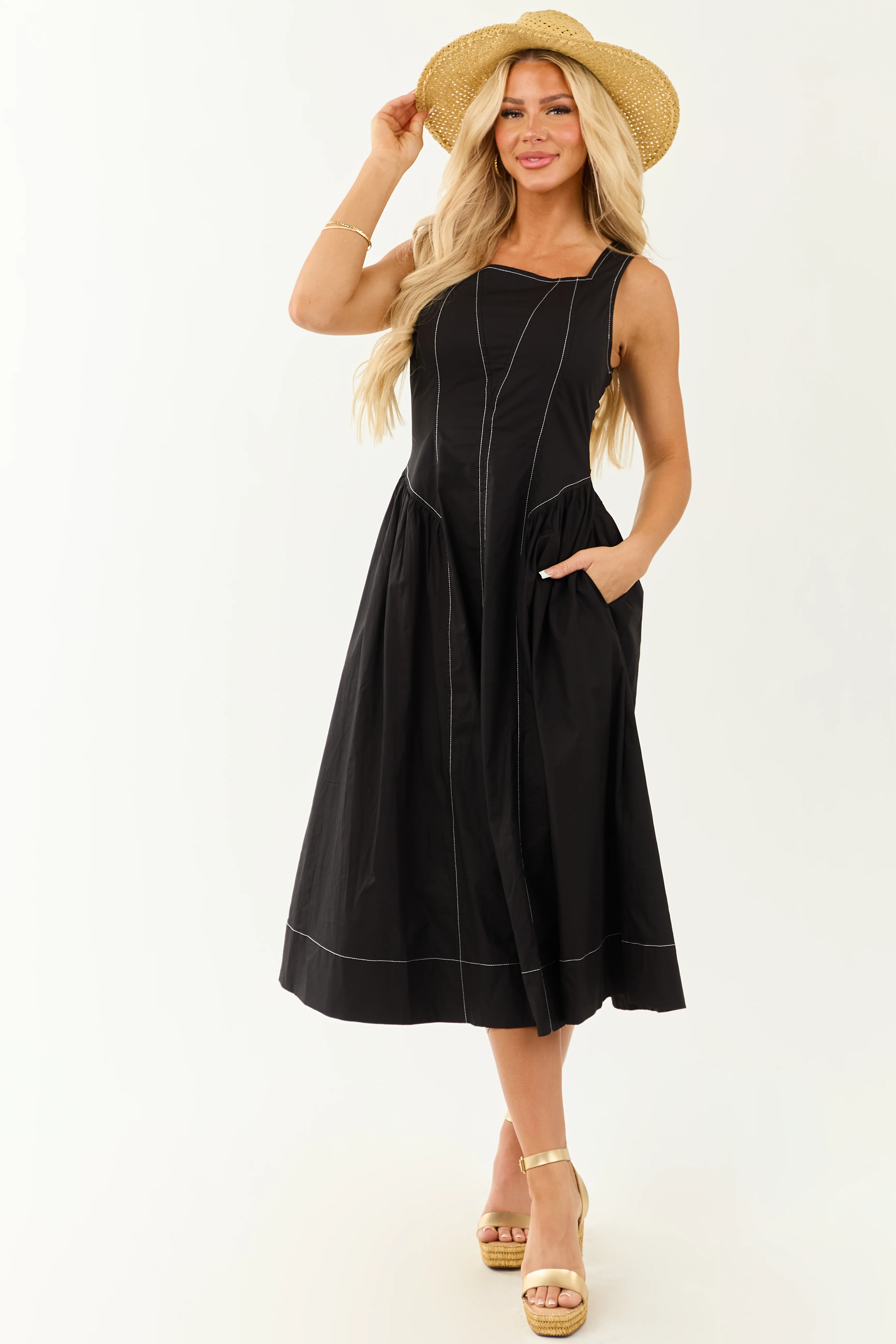 Entro Black Contrast Stitch Cotton Midi Dress - Image 3