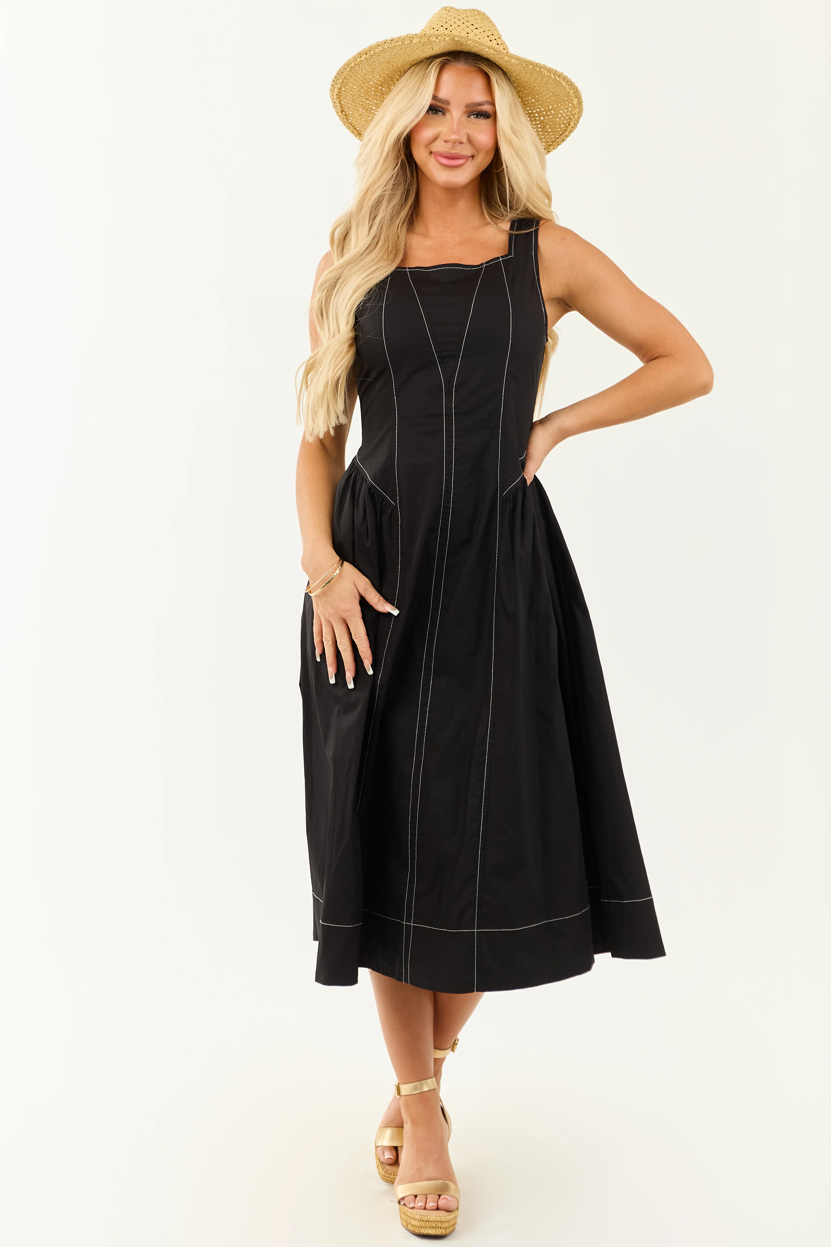 Entro Black Contrast Stitch Cotton Midi Dress - Image 4