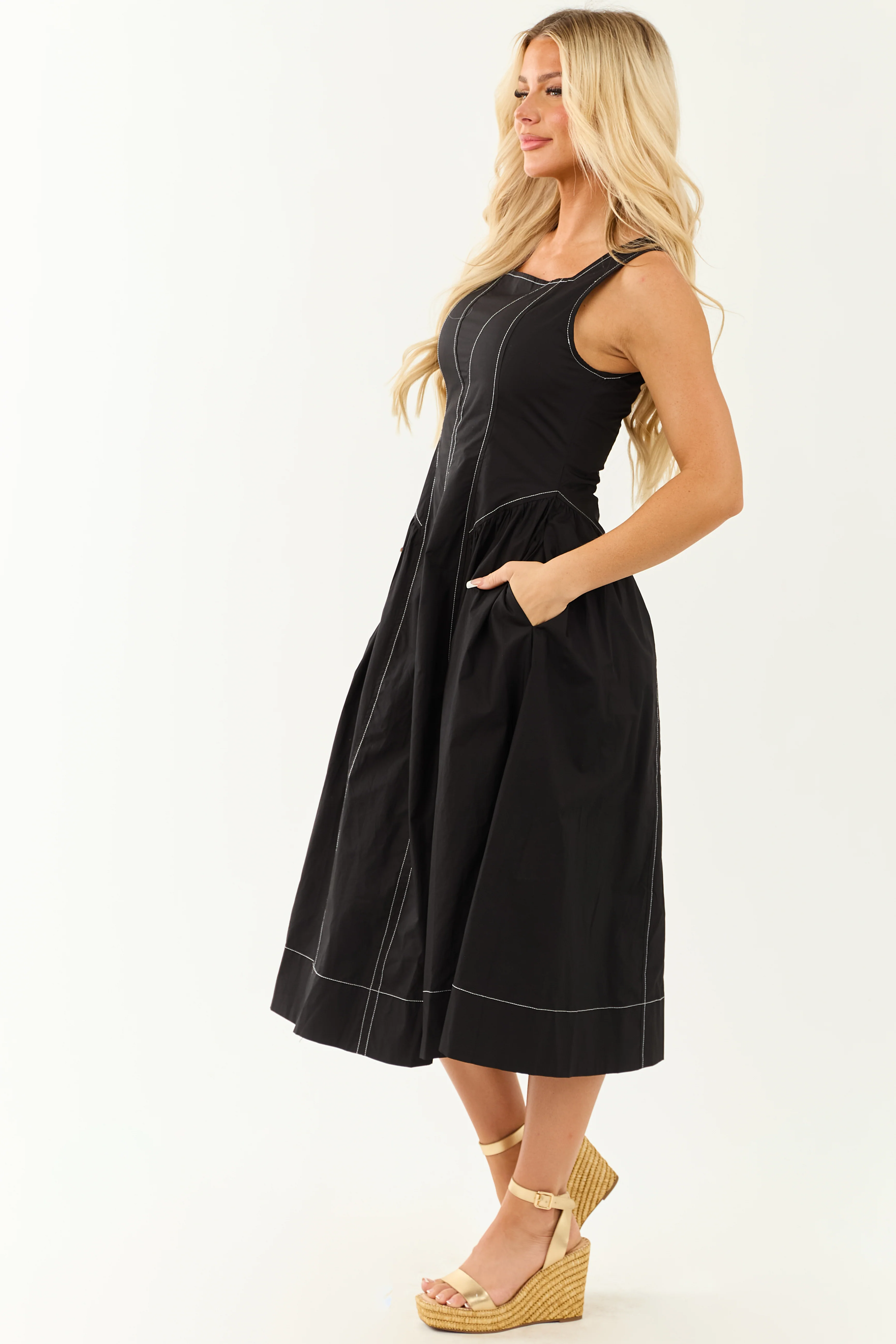 Entro Black Contrast Stitch Cotton Midi Dress - Image 5
