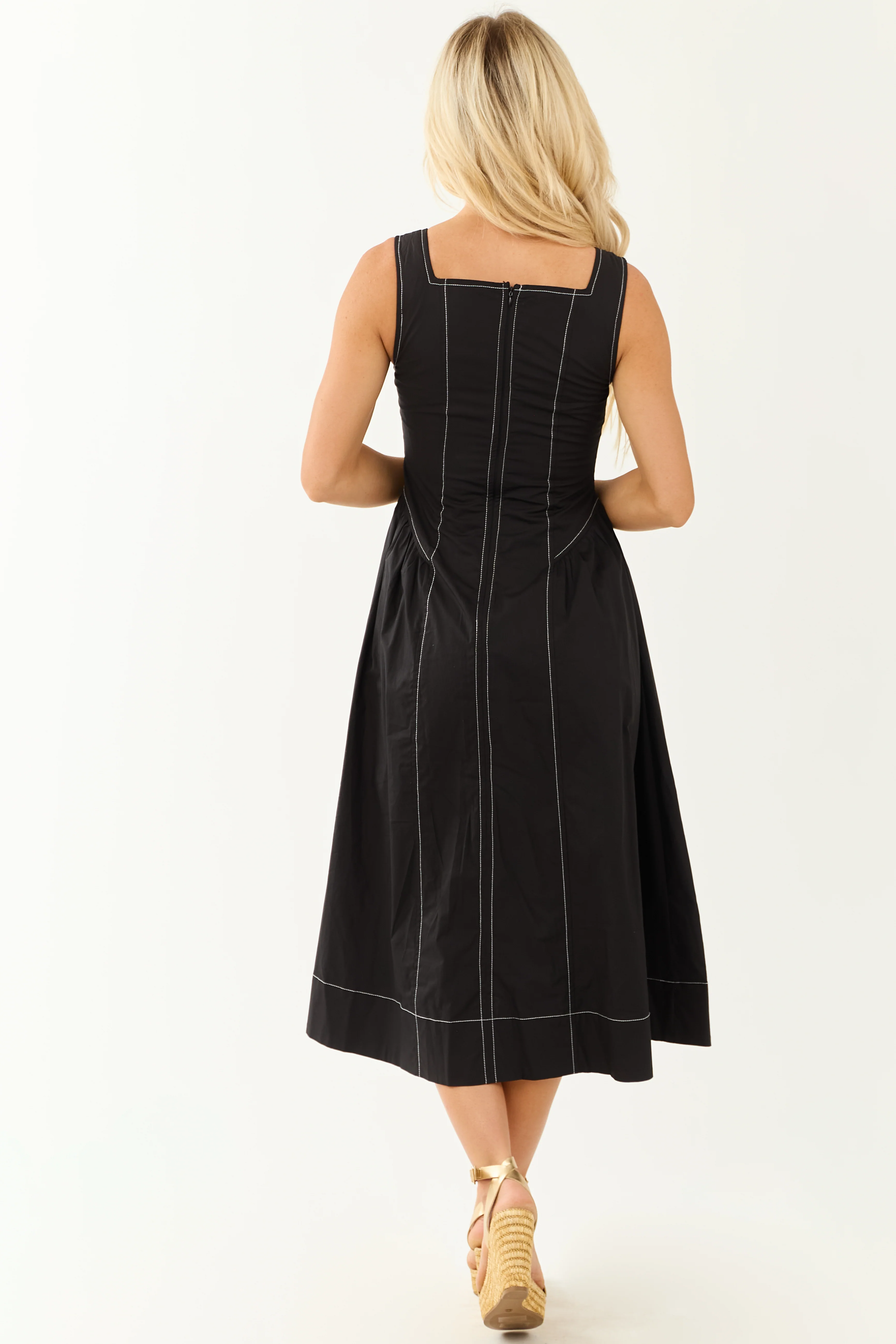 Entro Black Contrast Stitch Cotton Midi Dress - Image 6