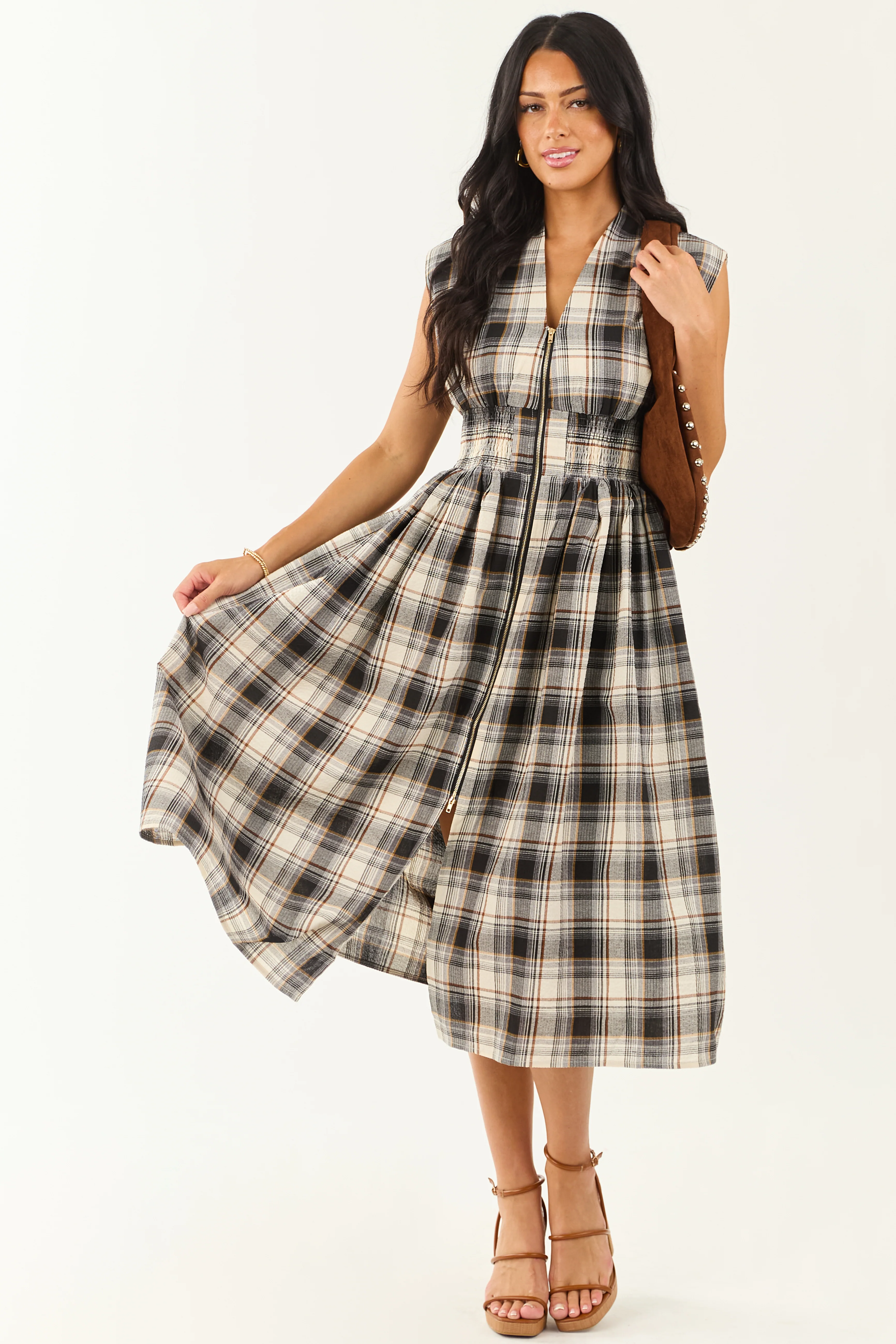 Entro Black and Cream Plaid Cotton Midi Dress - Image 2