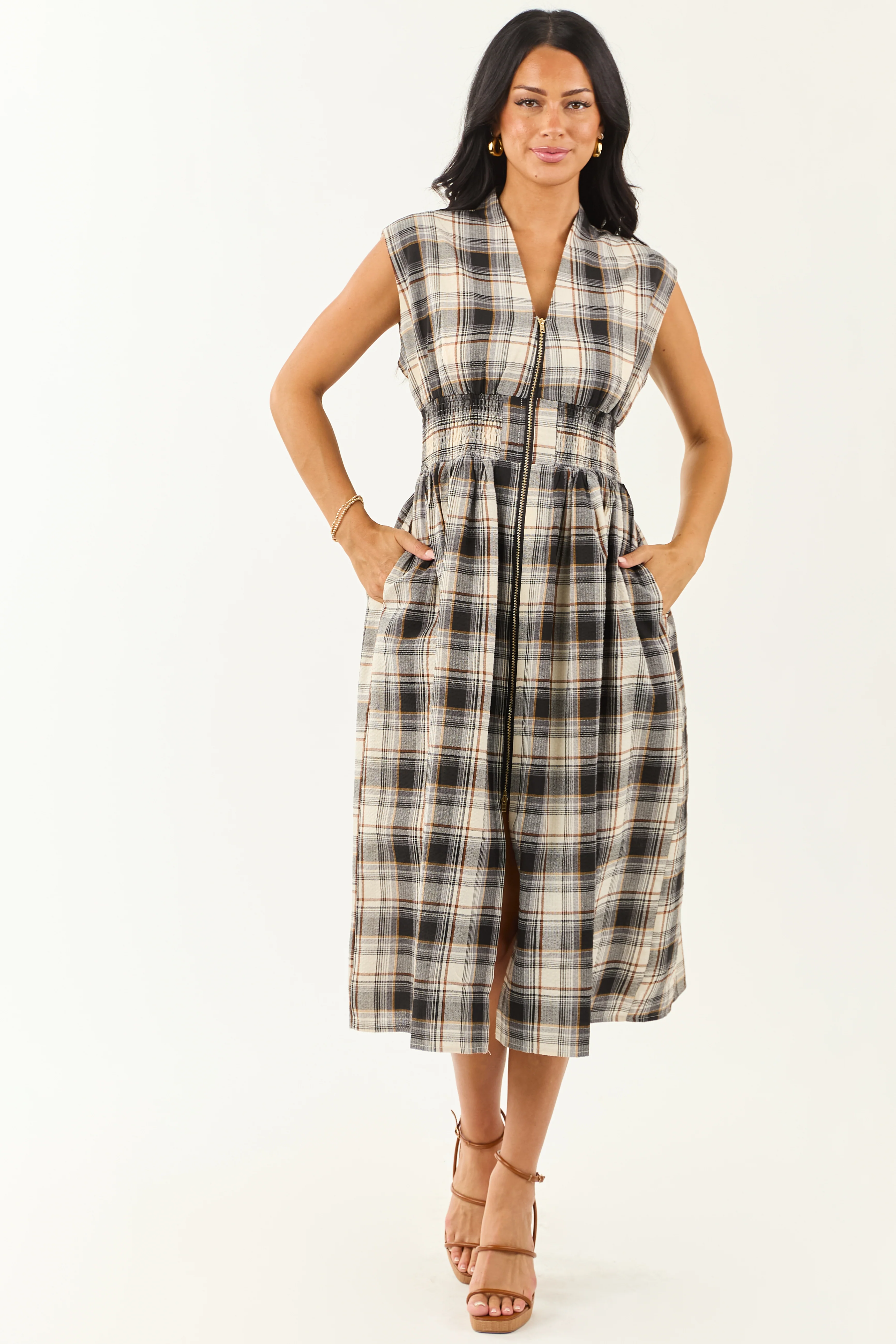 Entro Black and Cream Plaid Cotton Midi Dress - Image 3