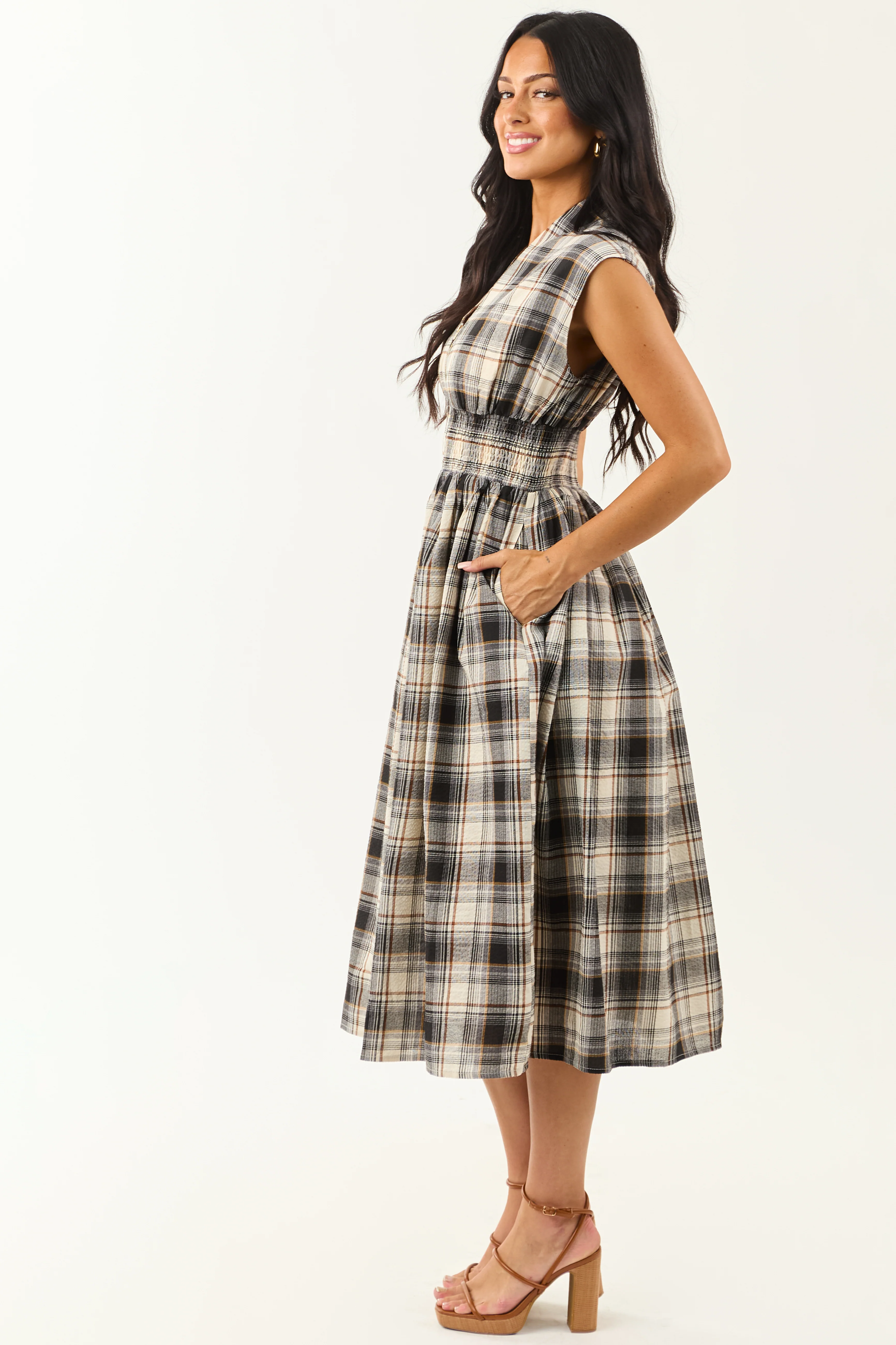 Entro Black and Cream Plaid Cotton Midi Dress - Image 4