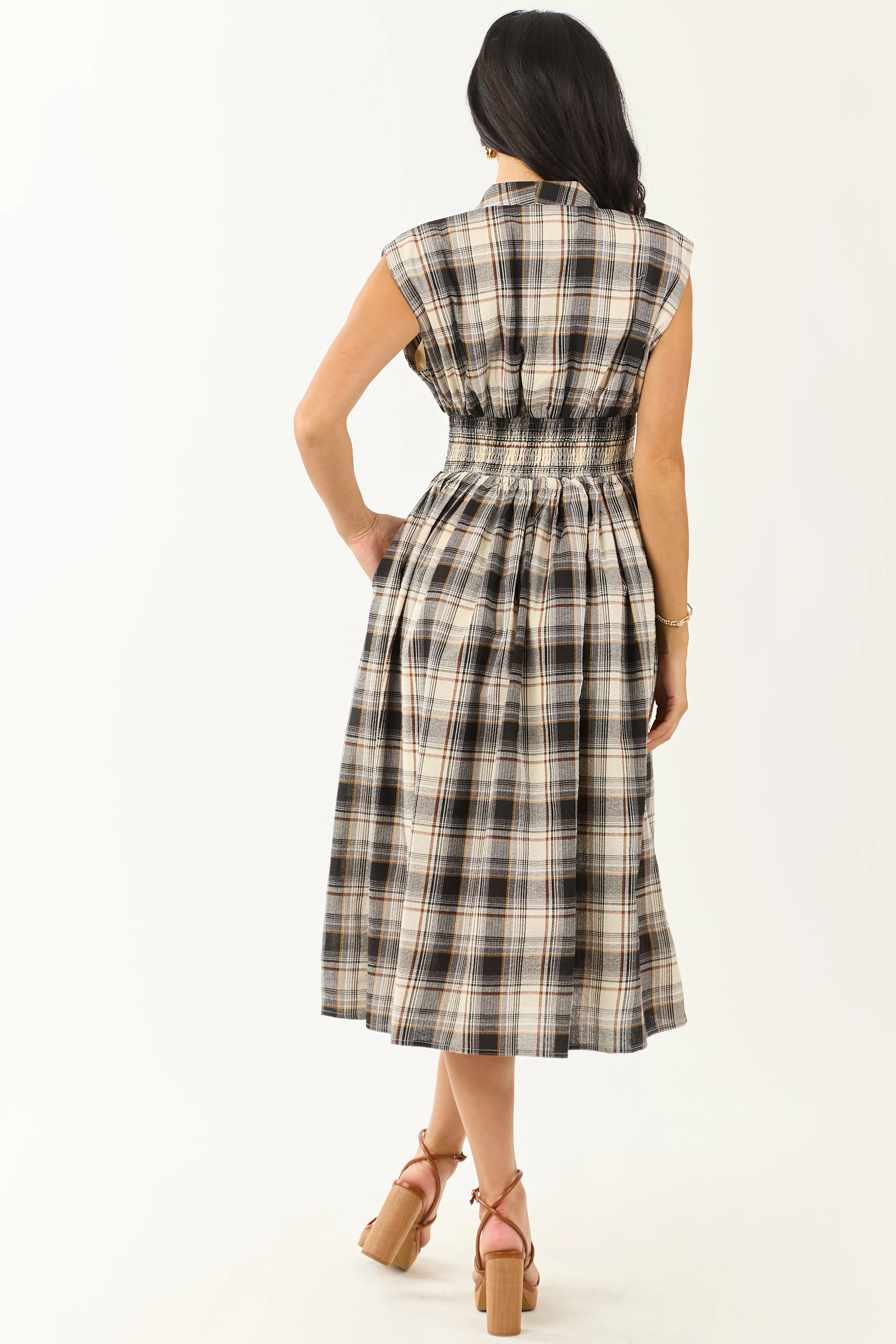 Entro Black and Cream Plaid Cotton Midi Dress - Image 5