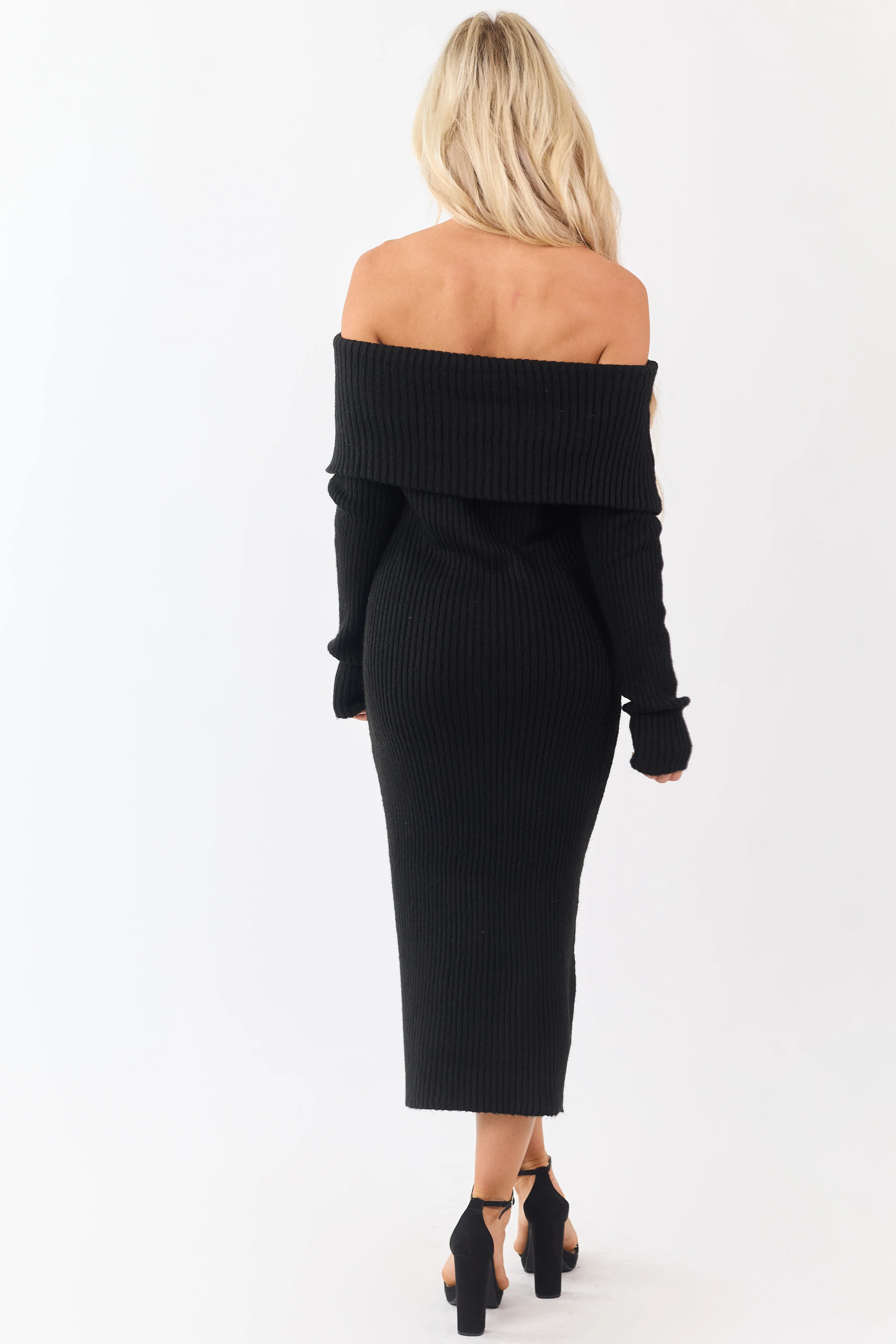 Entro Black Ribbed Knit Off Shoulder Midi Dress - Image 5