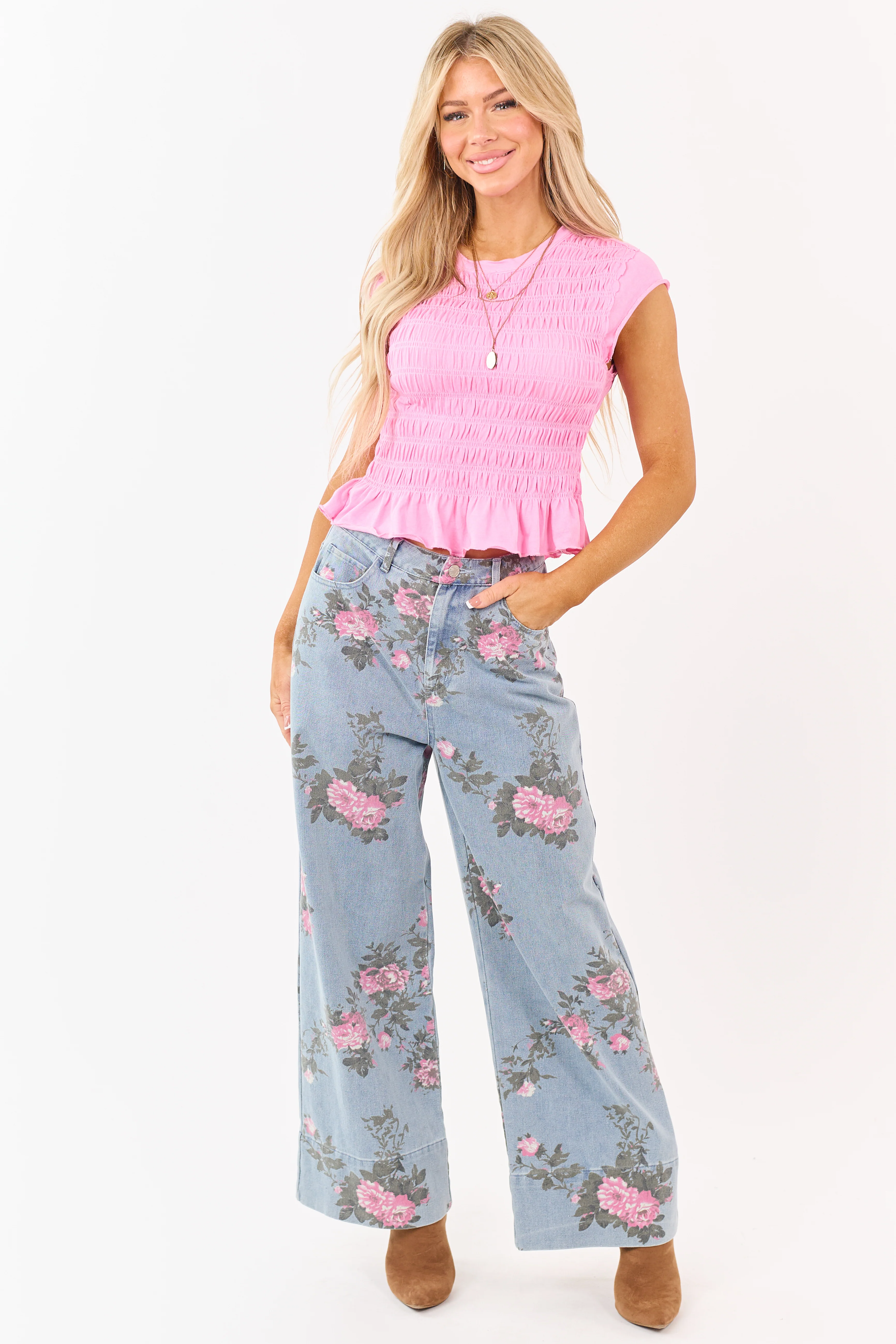 Entro Bright Bubblegum Smocked Short Sleeve Top - Image 2