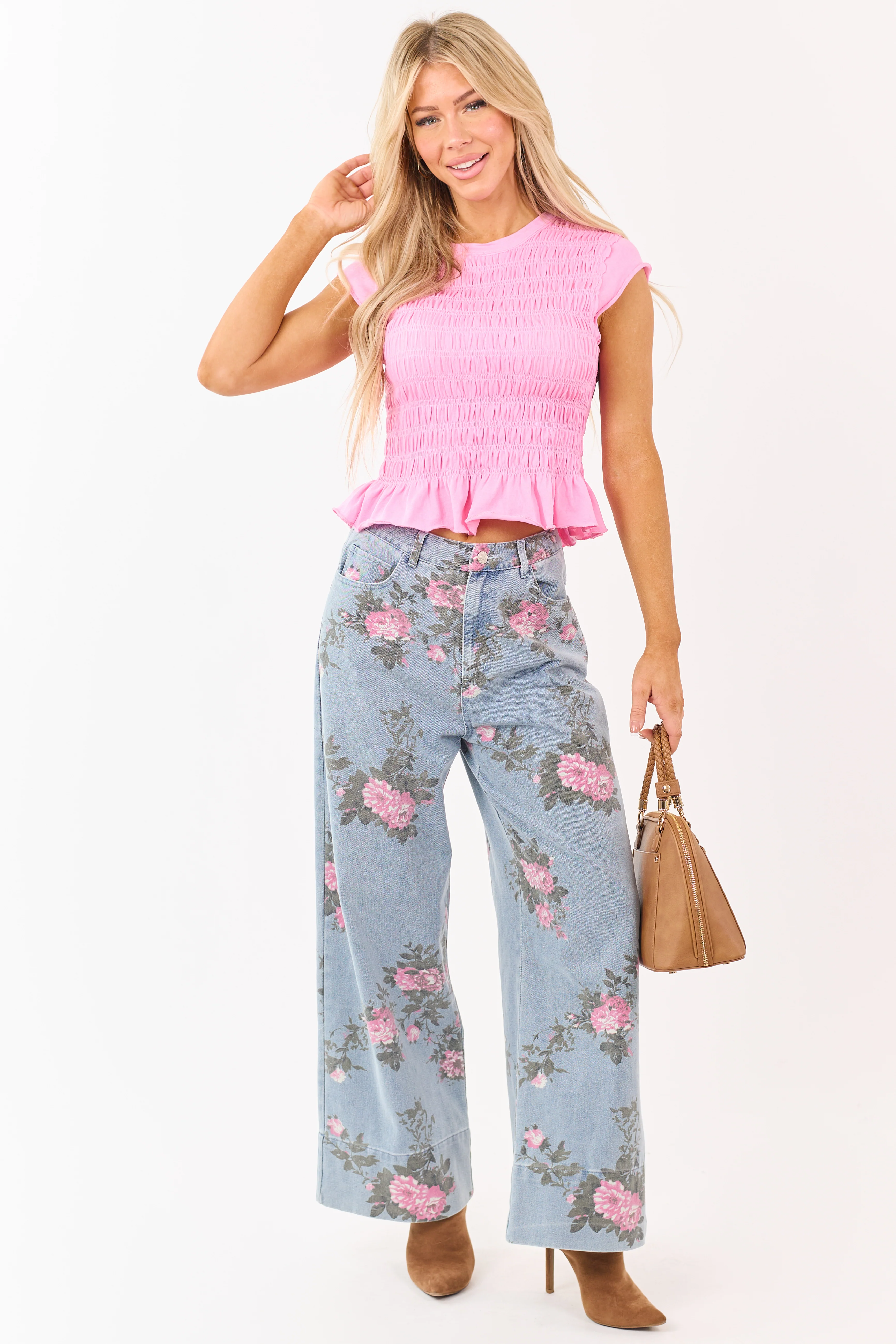 Entro Bright Bubblegum Smocked Short Sleeve Top - Image 3