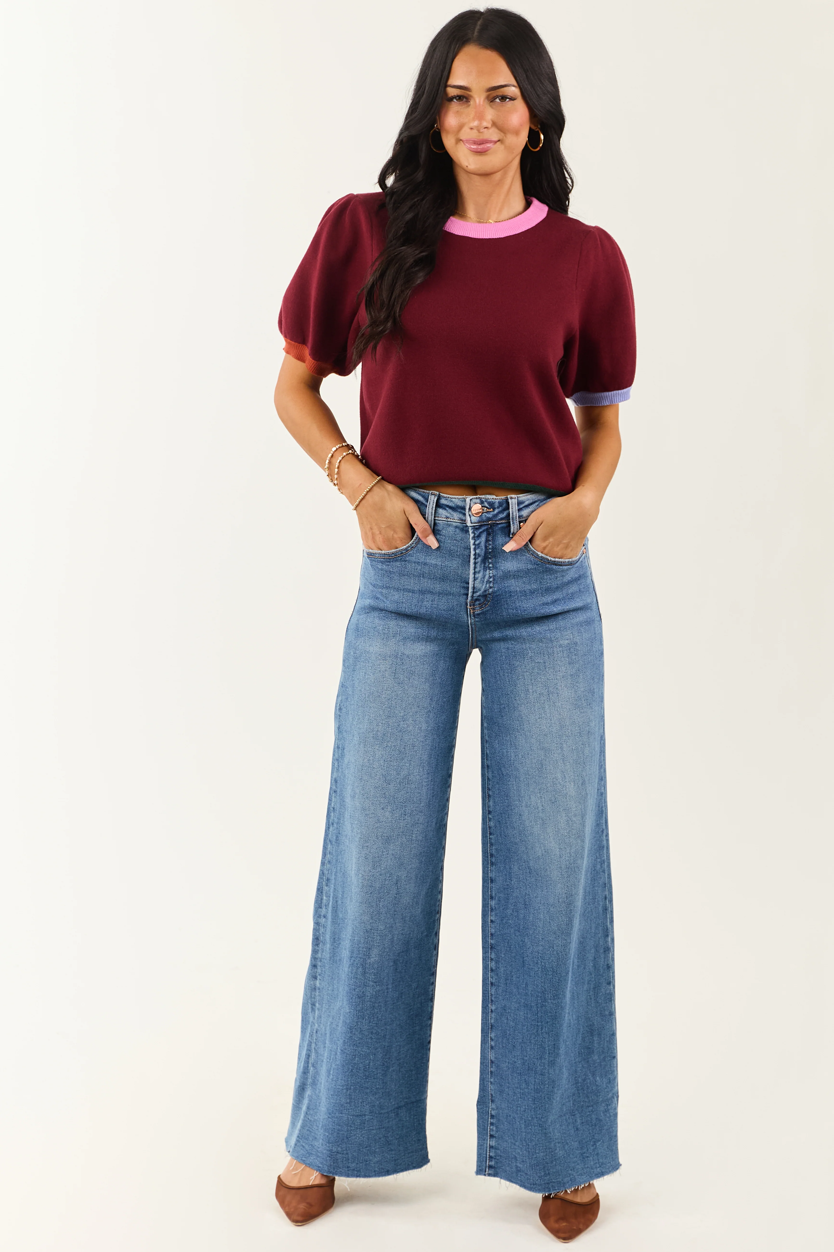 Entro Burgundy Colorblock Puff Sleeve Sweater Top - Image 2