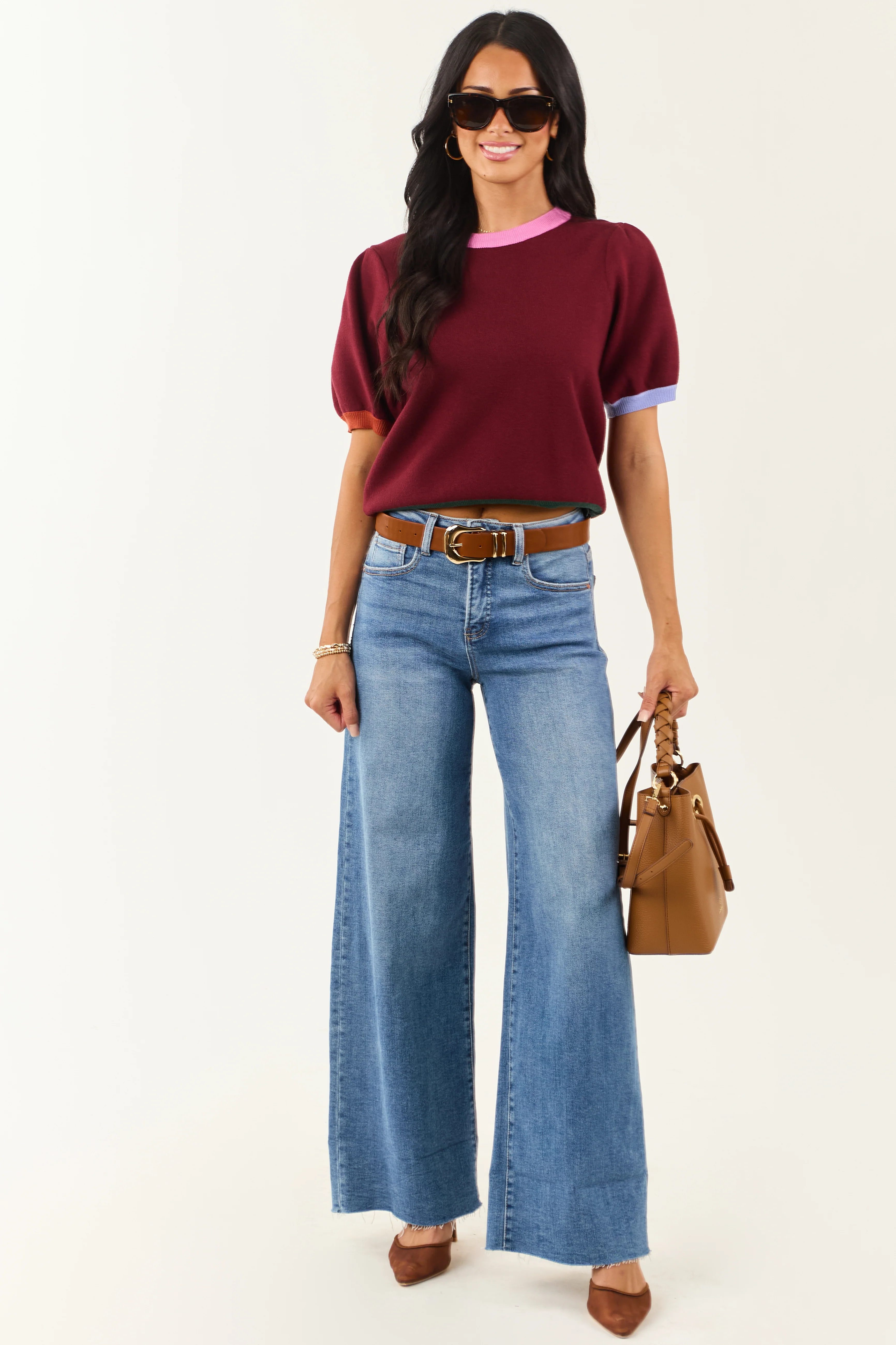 Entro Burgundy Colorblock Puff Sleeve Sweater Top - Image 3