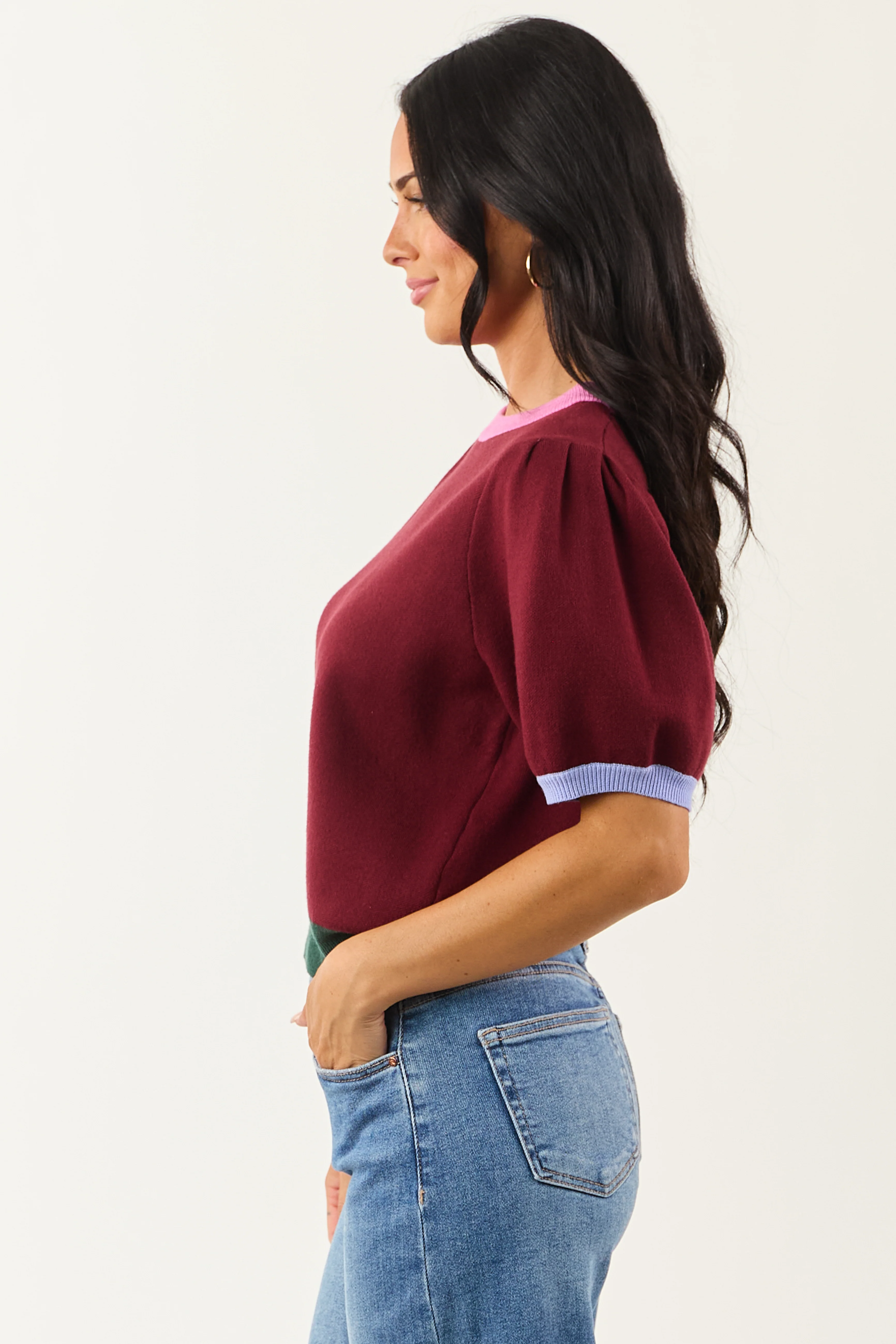 Entro Burgundy Colorblock Puff Sleeve Sweater Top - Image 4