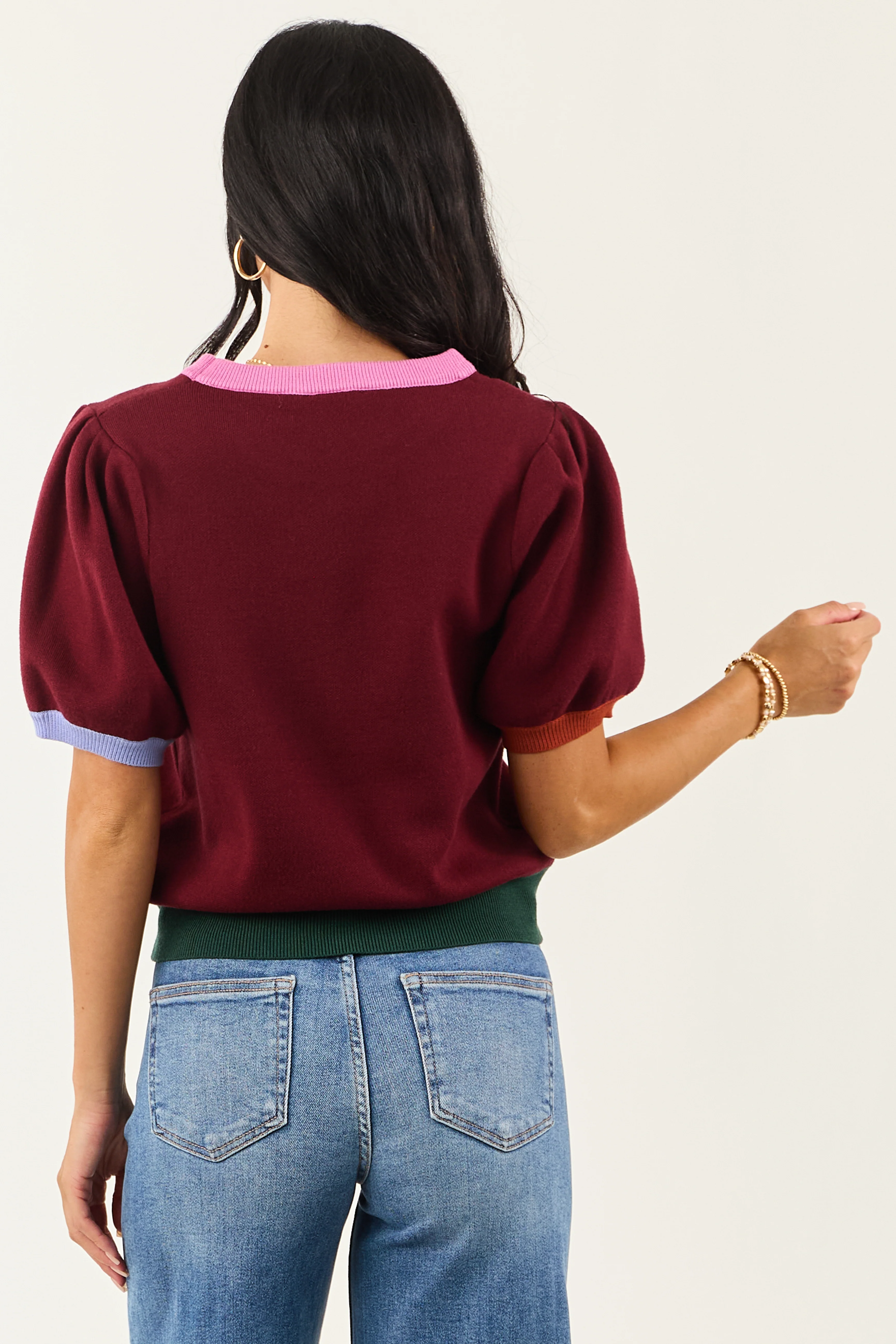 Entro Burgundy Colorblock Puff Sleeve Sweater Top - Image 5