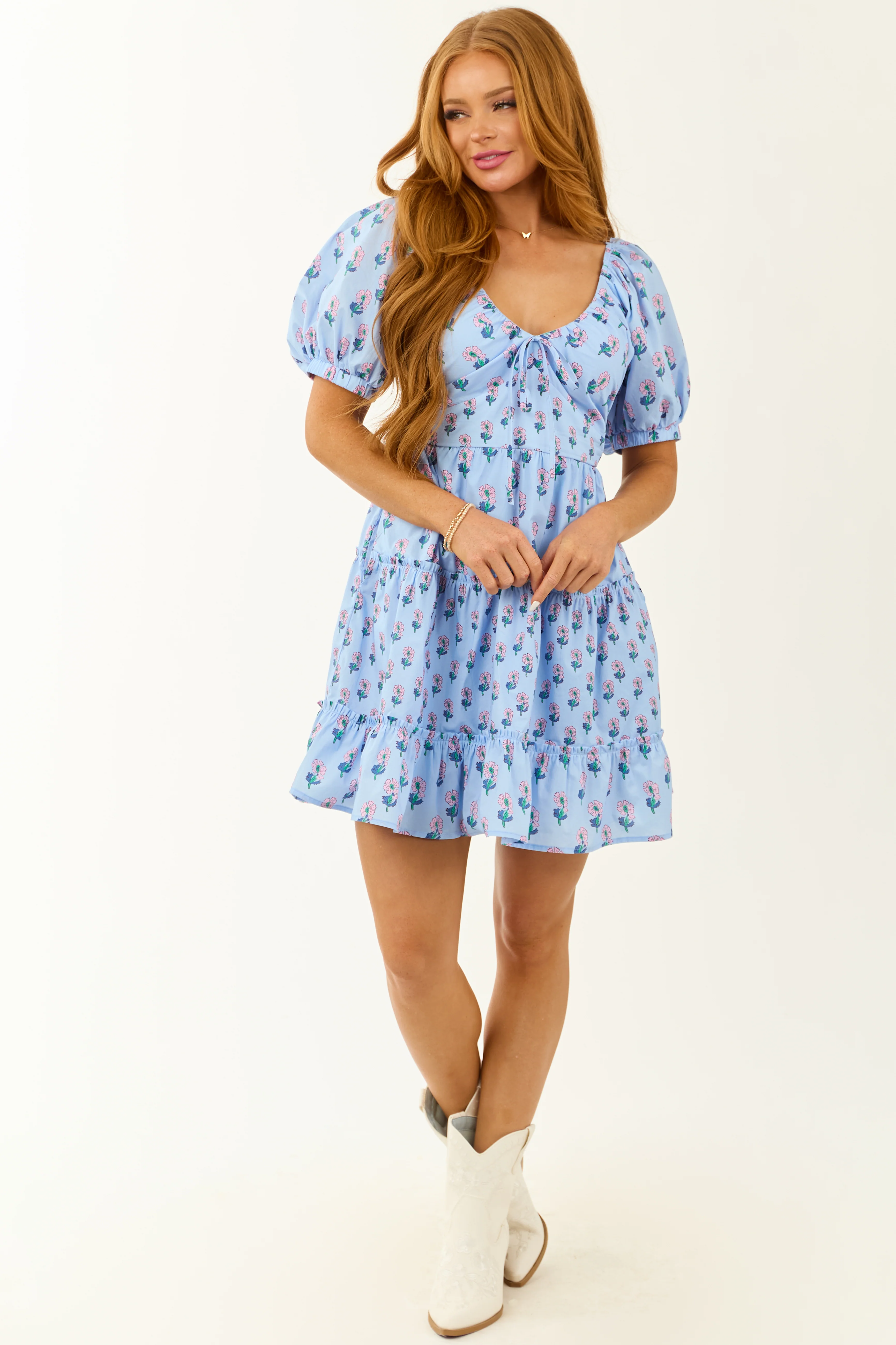 Entro Cornflower Floral Puff Sleeve Tiered Dress - Image 3