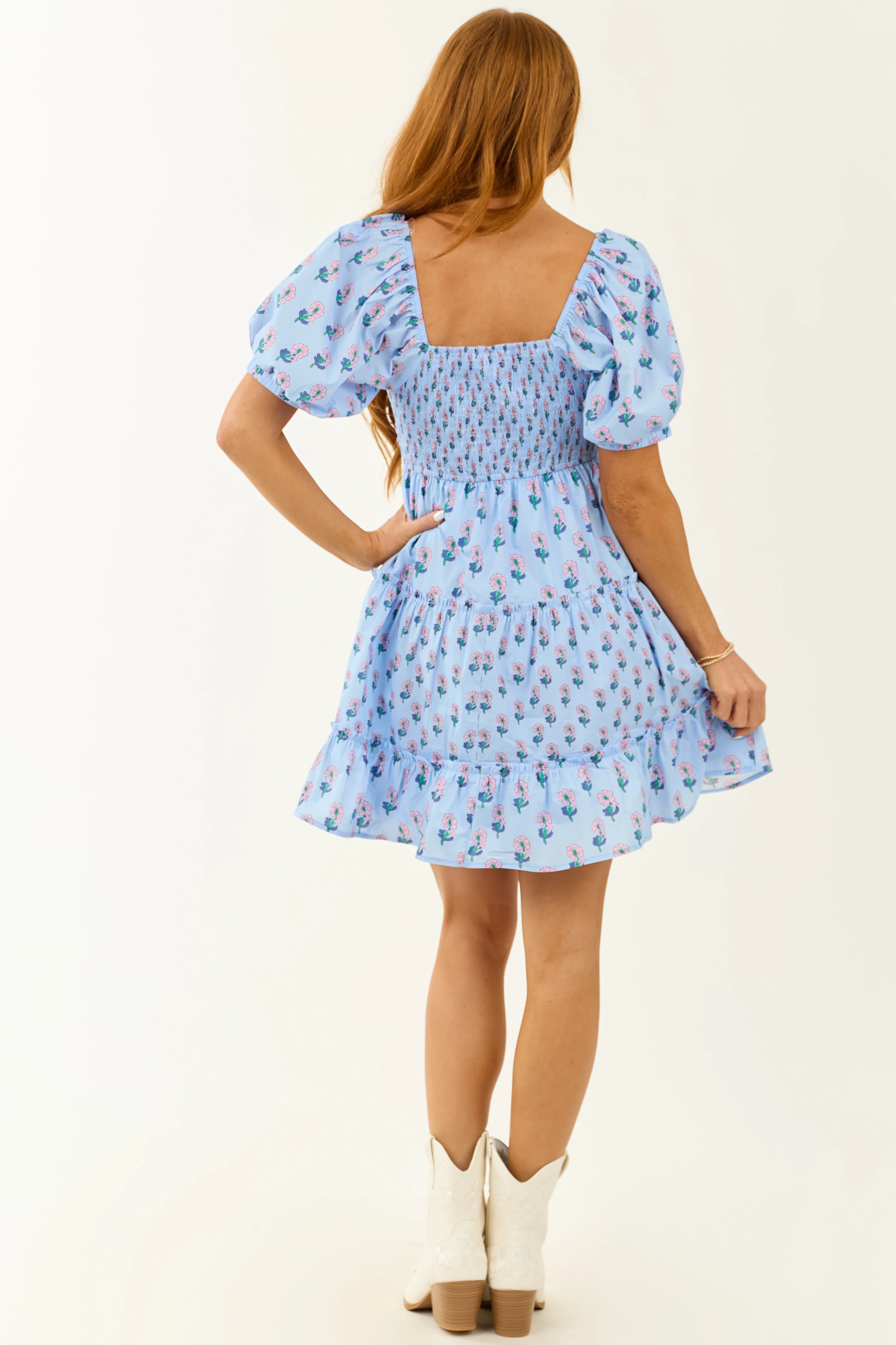 Entro Cornflower Floral Puff Sleeve Tiered Dress - Image 8