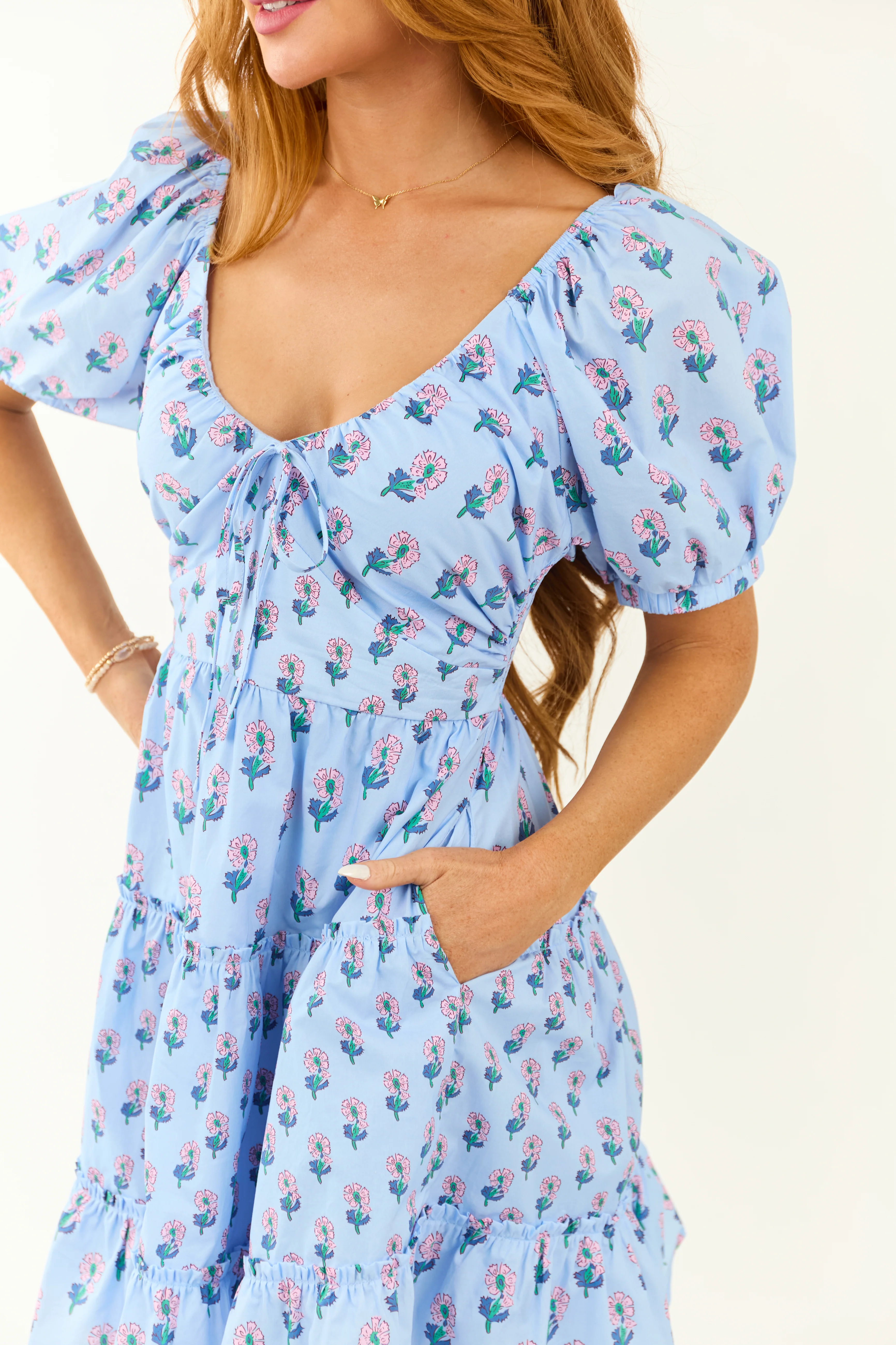 Entro Cornflower Floral Puff Sleeve Tiered Dress - Image 9