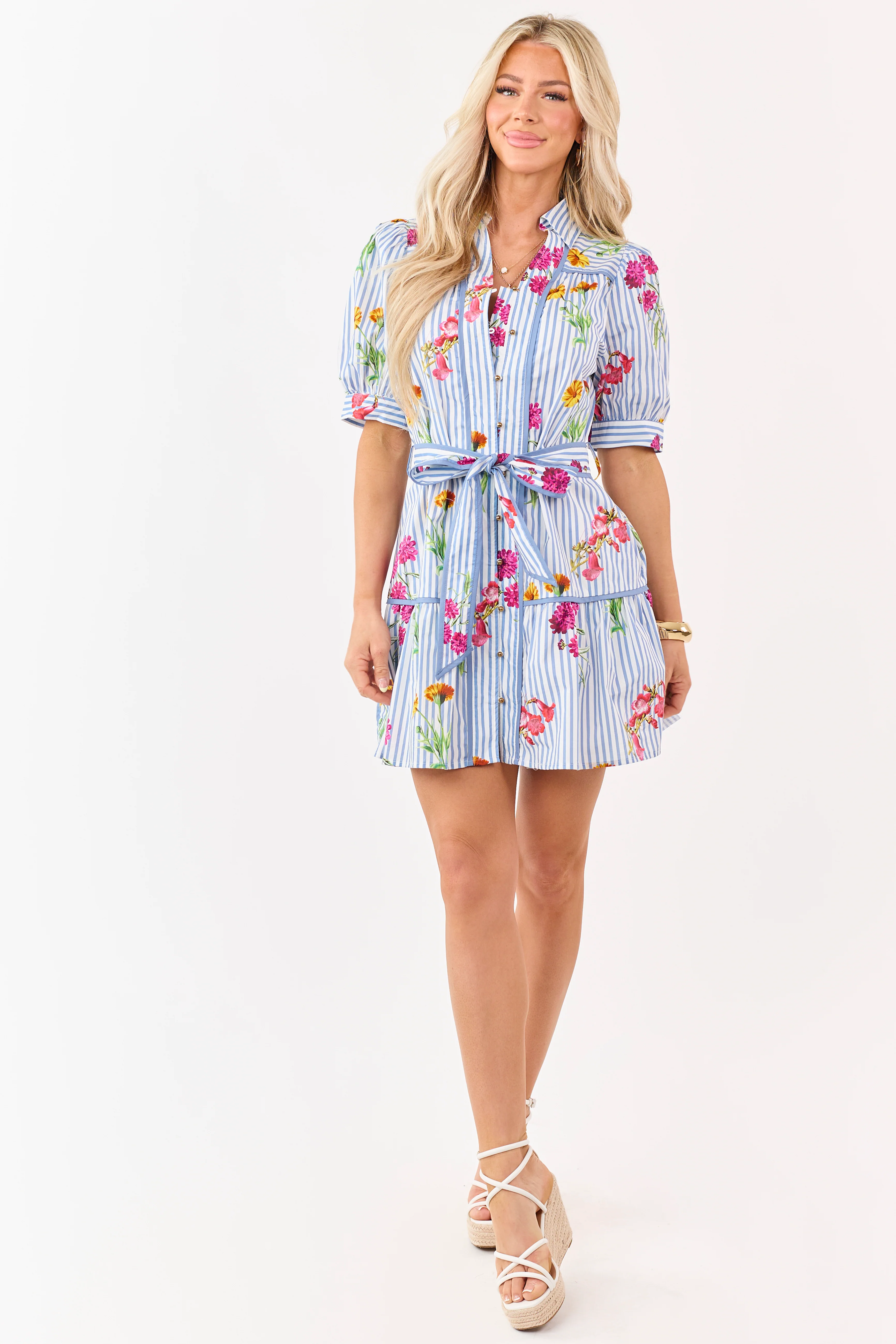 Entro Cornflower Striped Floral Cotton Mini Dress - Image 2