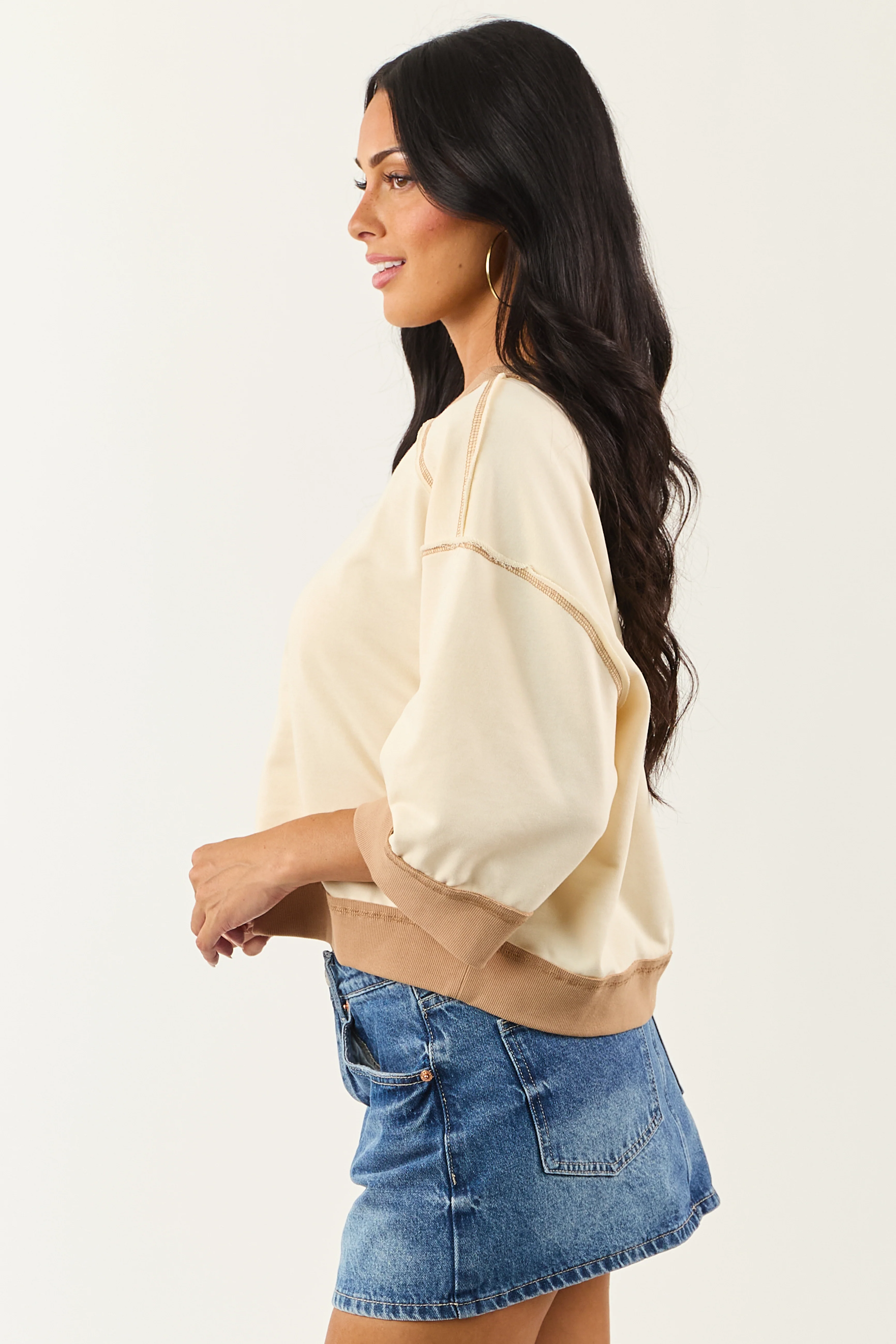 Entro Cream Contrast Trim Half Sleeve Knit Top - Image 6