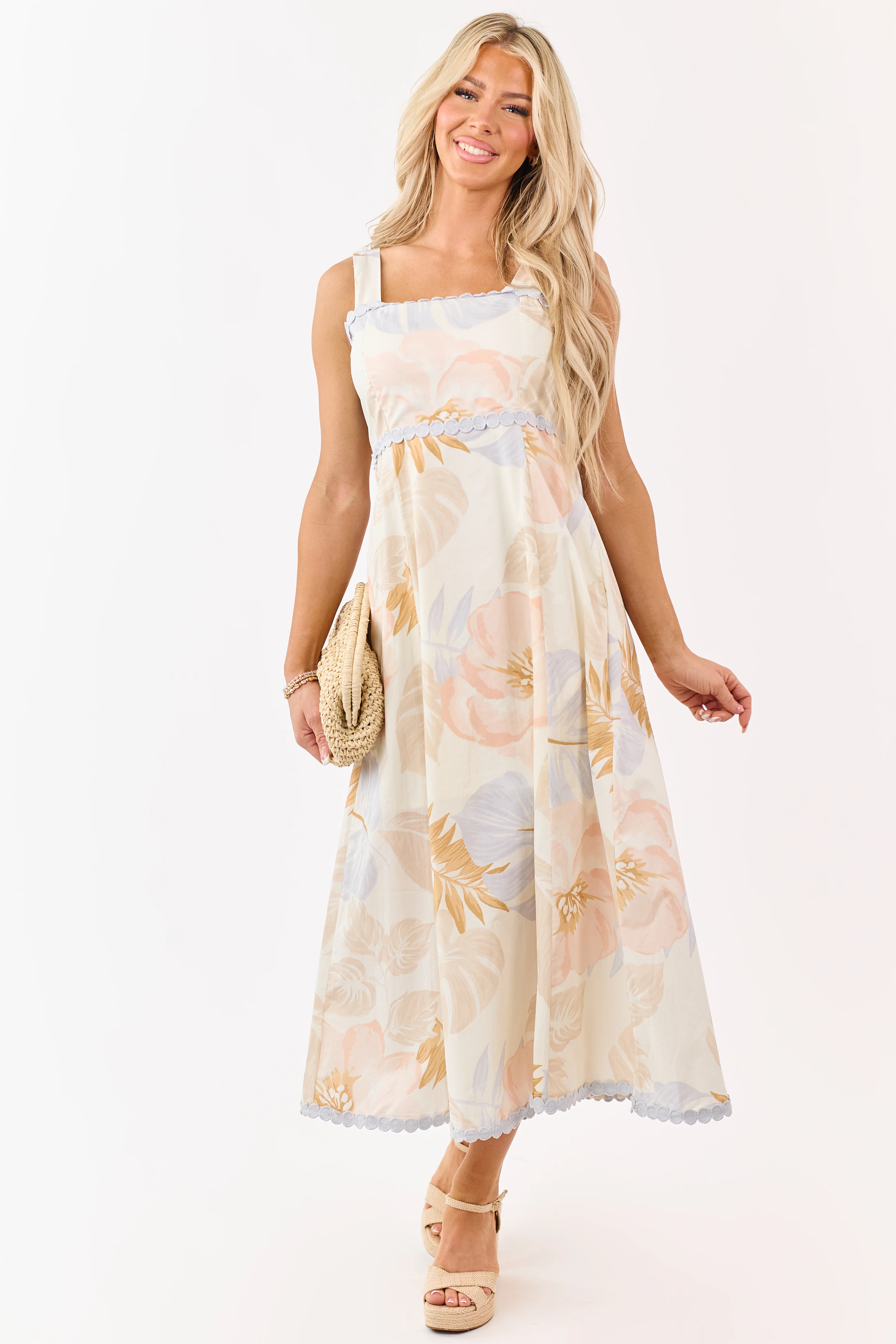 Entro Cream Cotton Floral Print Lace Trim Midi Dress - Image 2