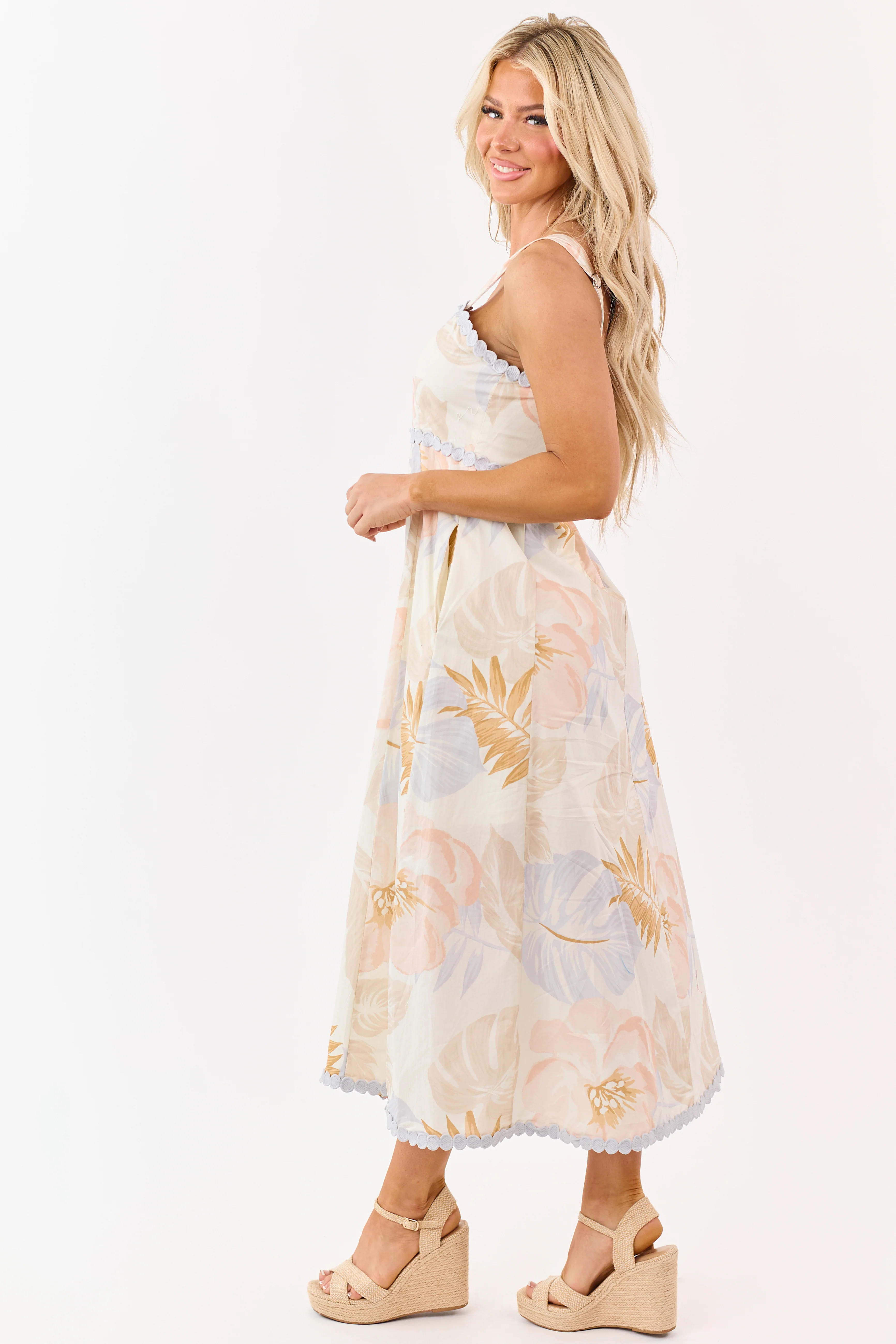 Entro Cream Cotton Floral Print Lace Trim Midi Dress - Image 4
