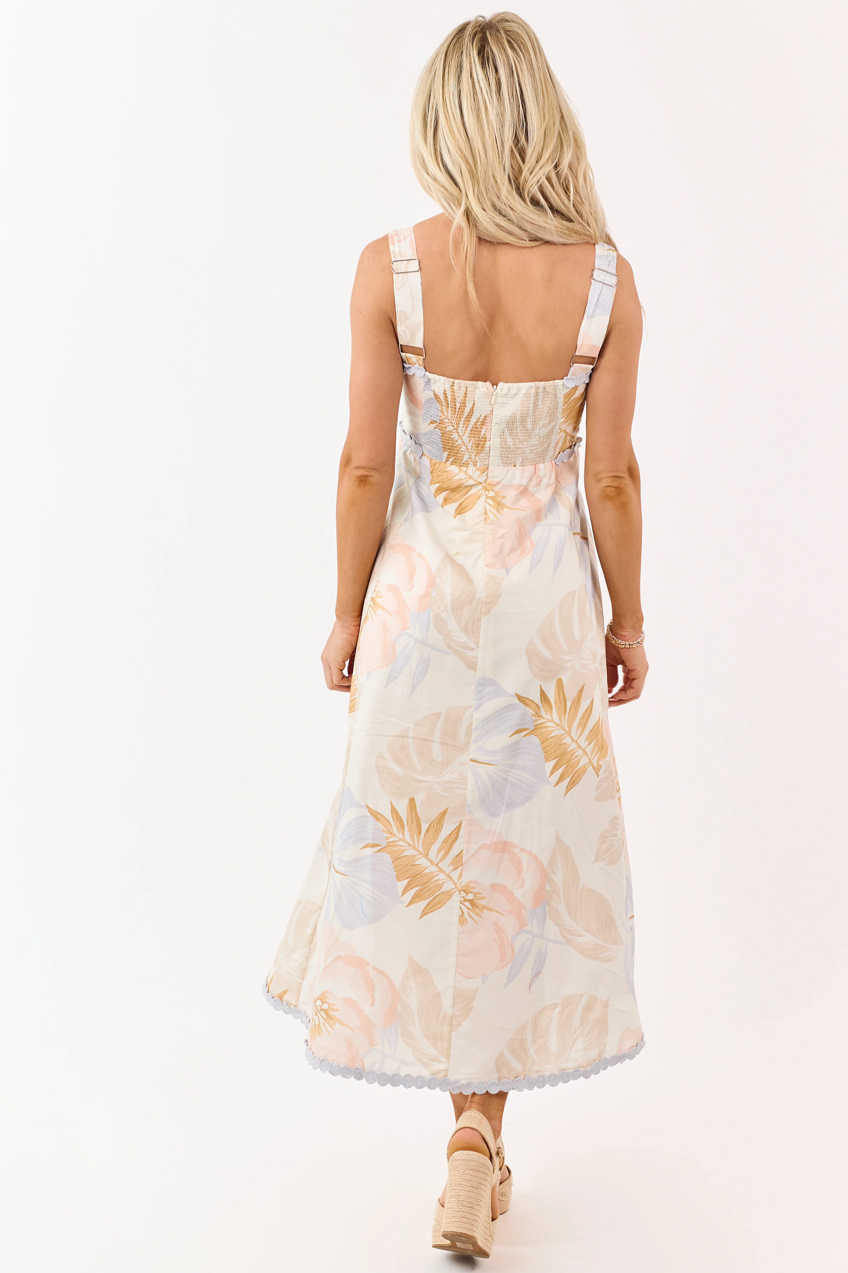 Entro Cream Cotton Floral Print Lace Trim Midi Dress - Image 5