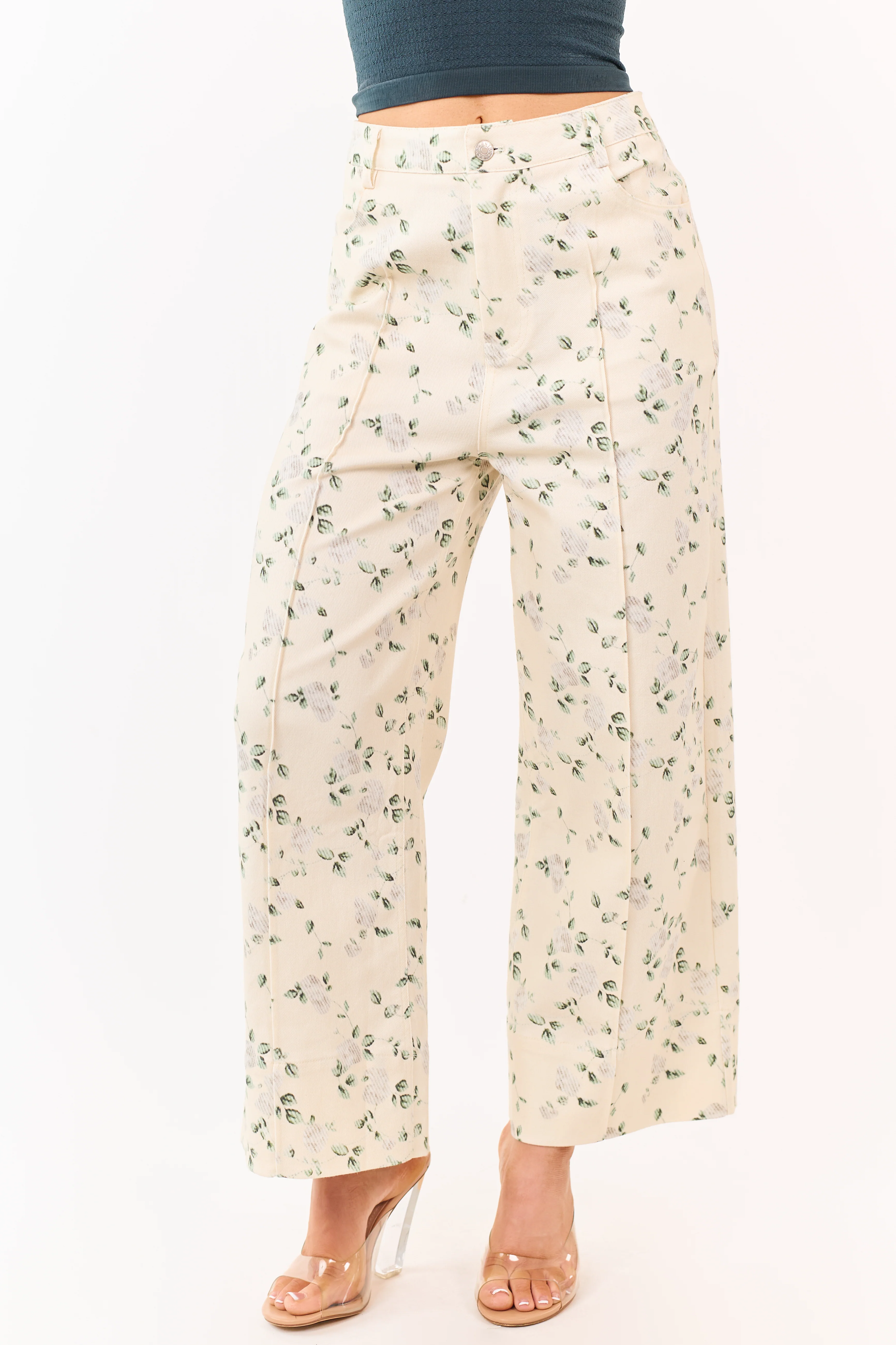 Entro Cream Floral Print Wide Leg Denim Pants - Image 2