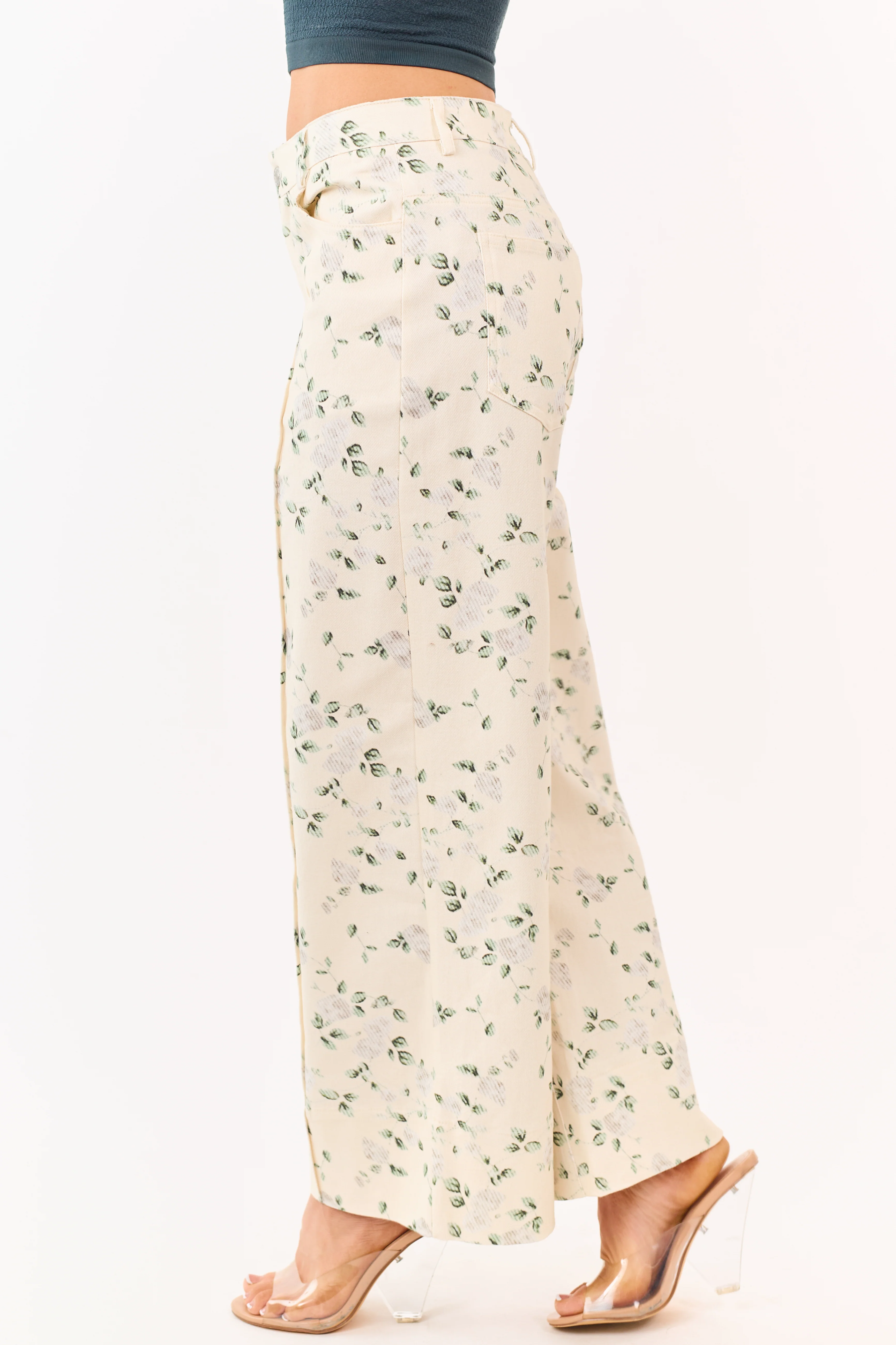 Entro Cream Floral Print Wide Leg Denim Pants - Image 3