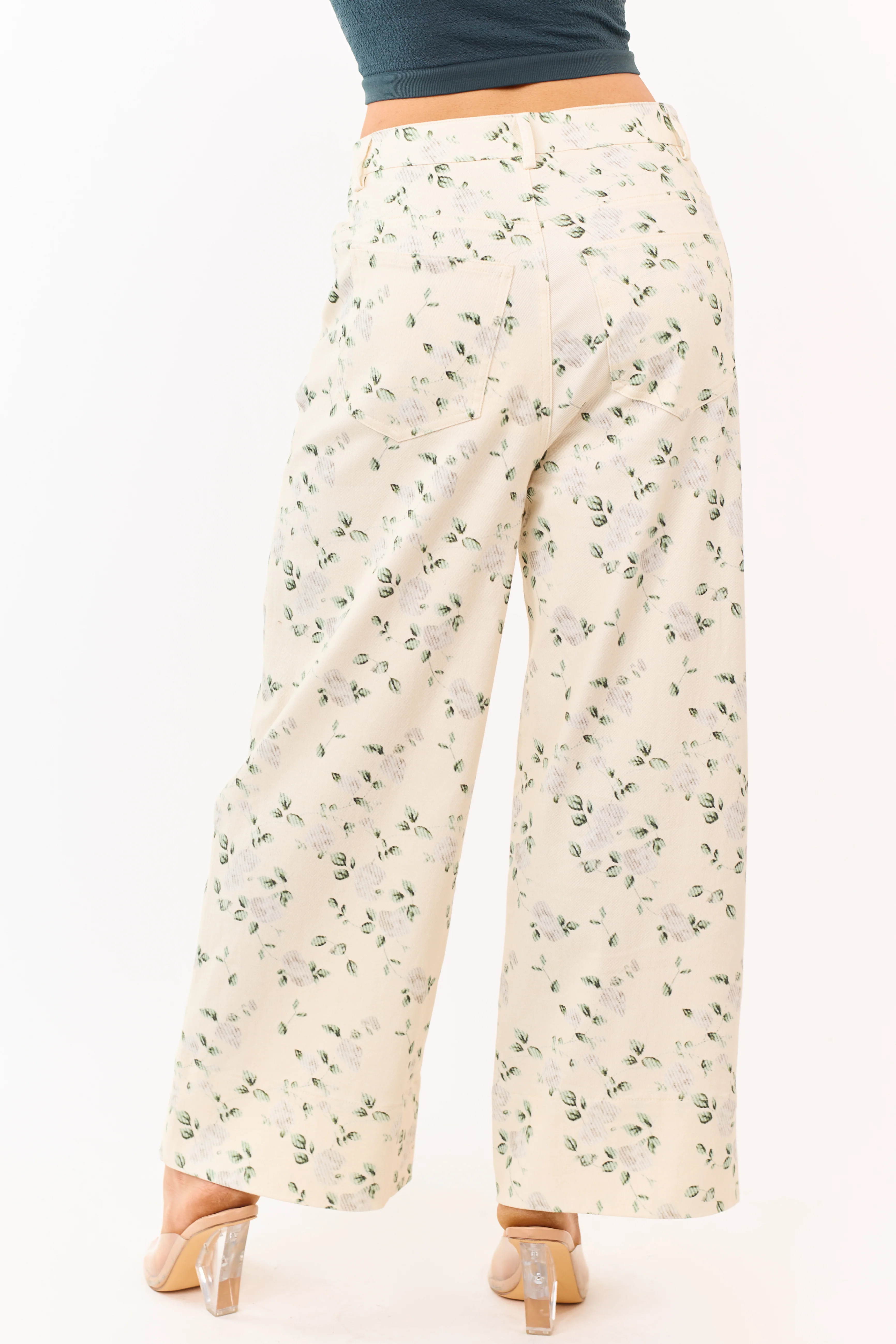 Entro Cream Floral Print Wide Leg Denim Pants - Image 4