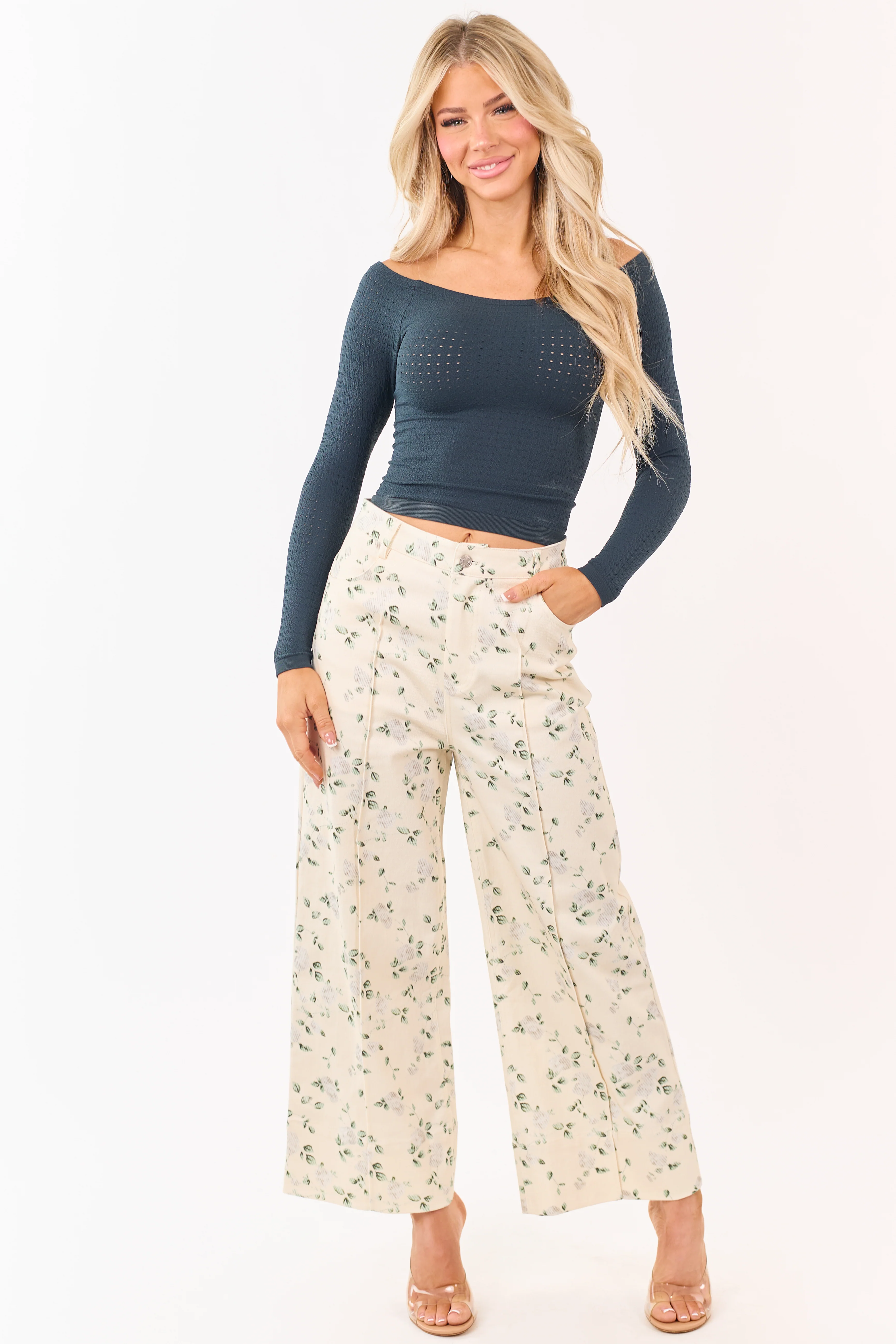 Entro Cream Floral Print Wide Leg Denim Pants - Image 5