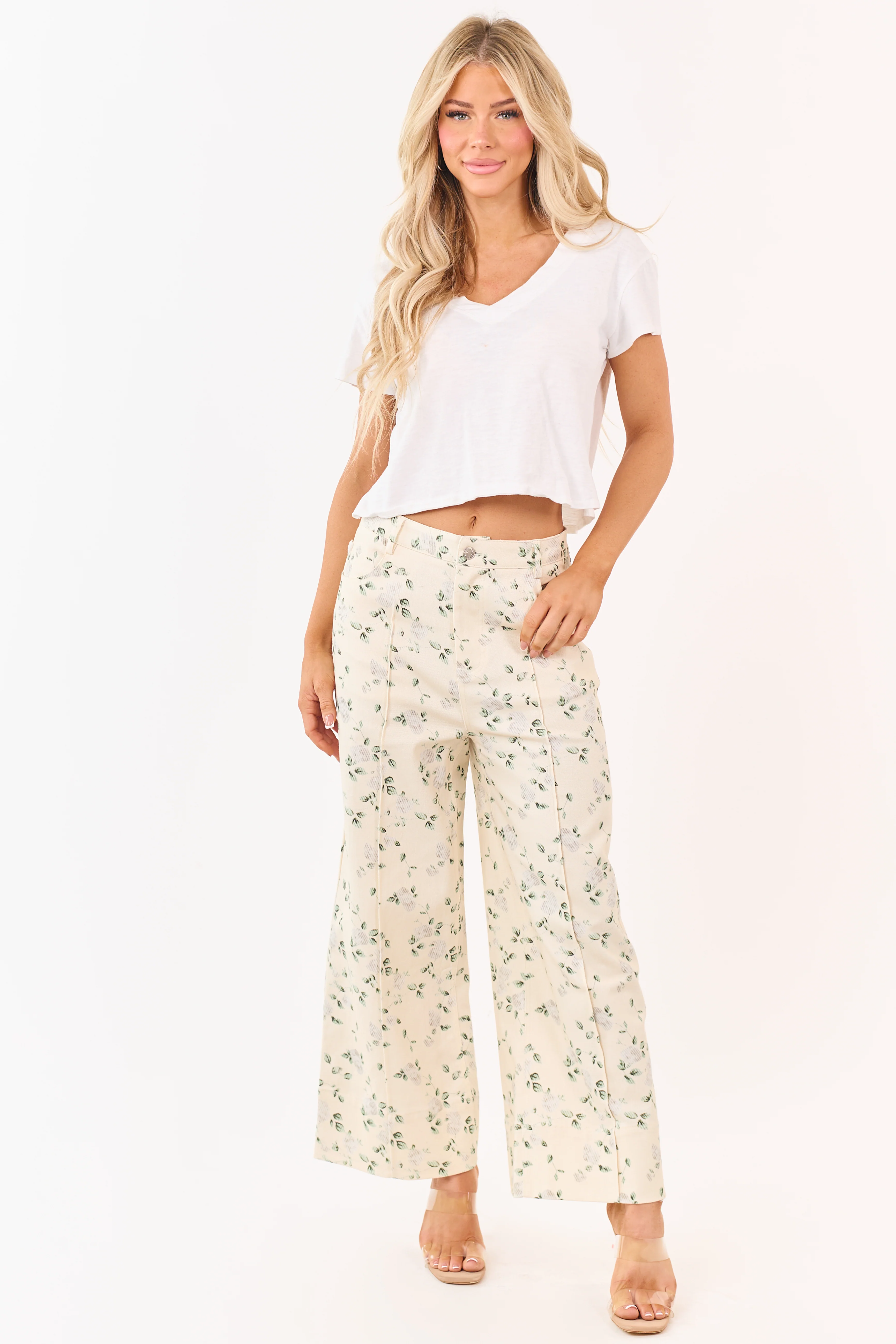 Entro Cream Floral Print Wide Leg Denim Pants - Image 7