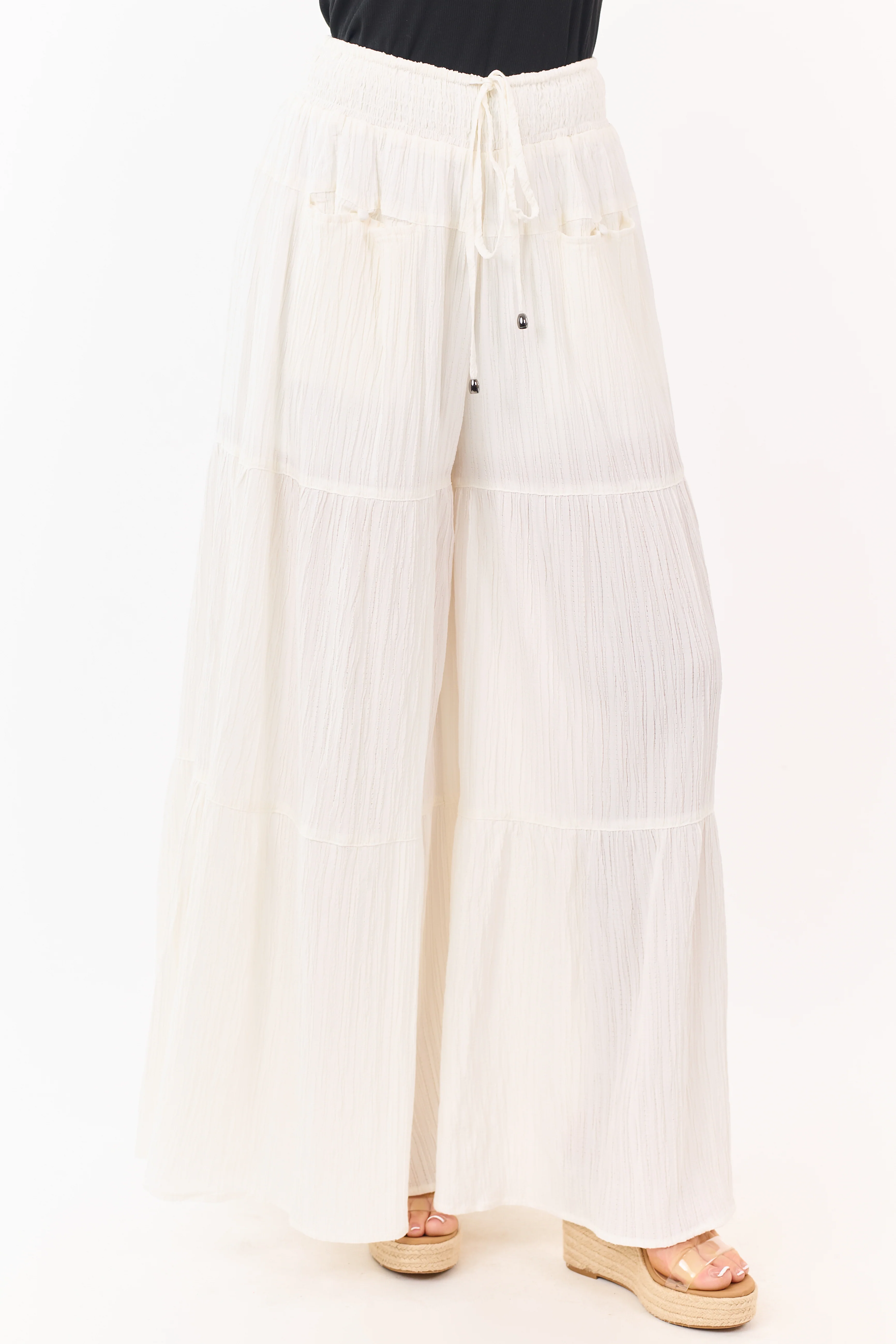 Entro Cream Smocked Drawstring Waist Palazzo Pants - Image 2