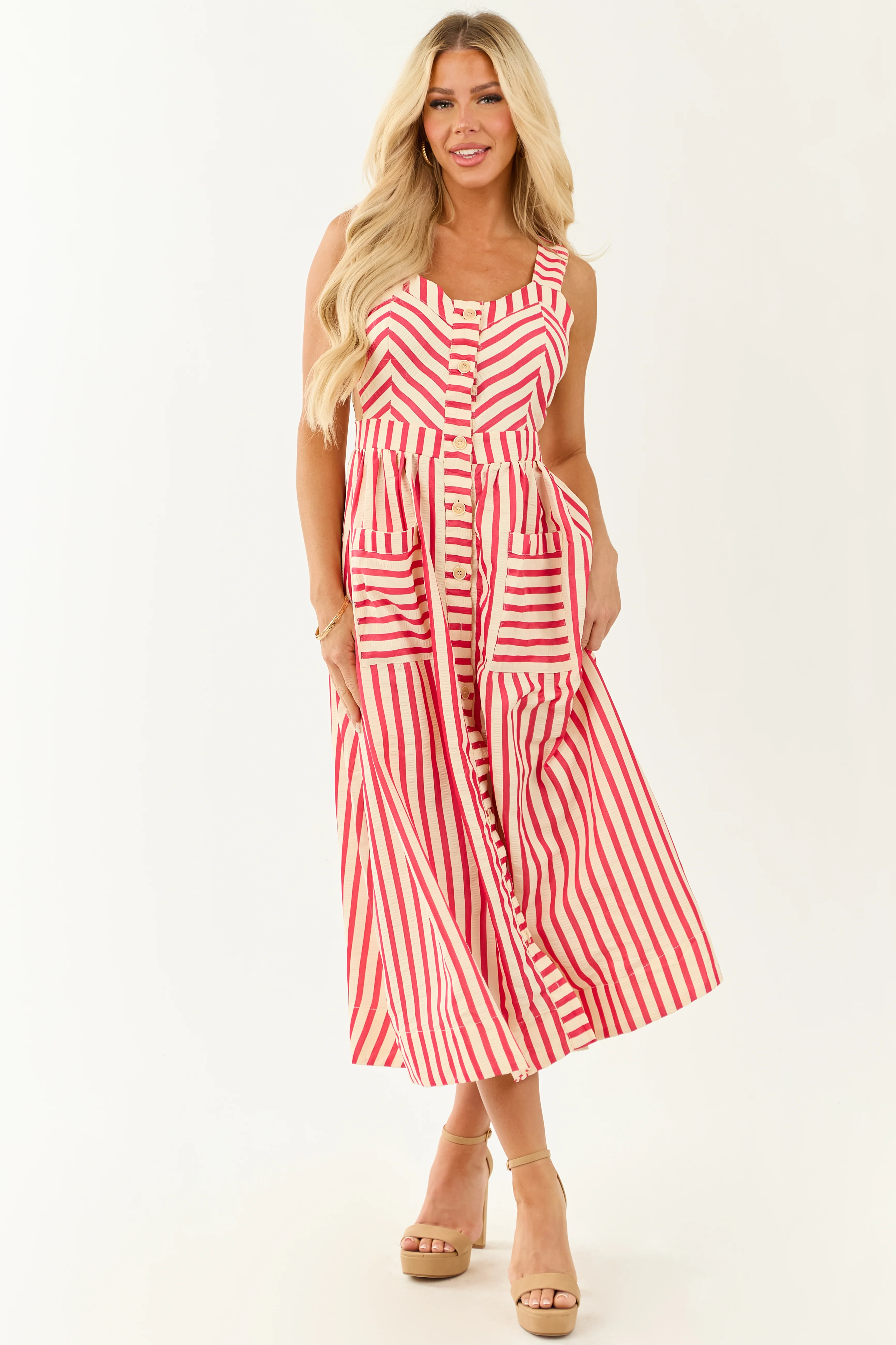 Entro Crimson and Cream Striped Cut Out Midi Dress - Image 3