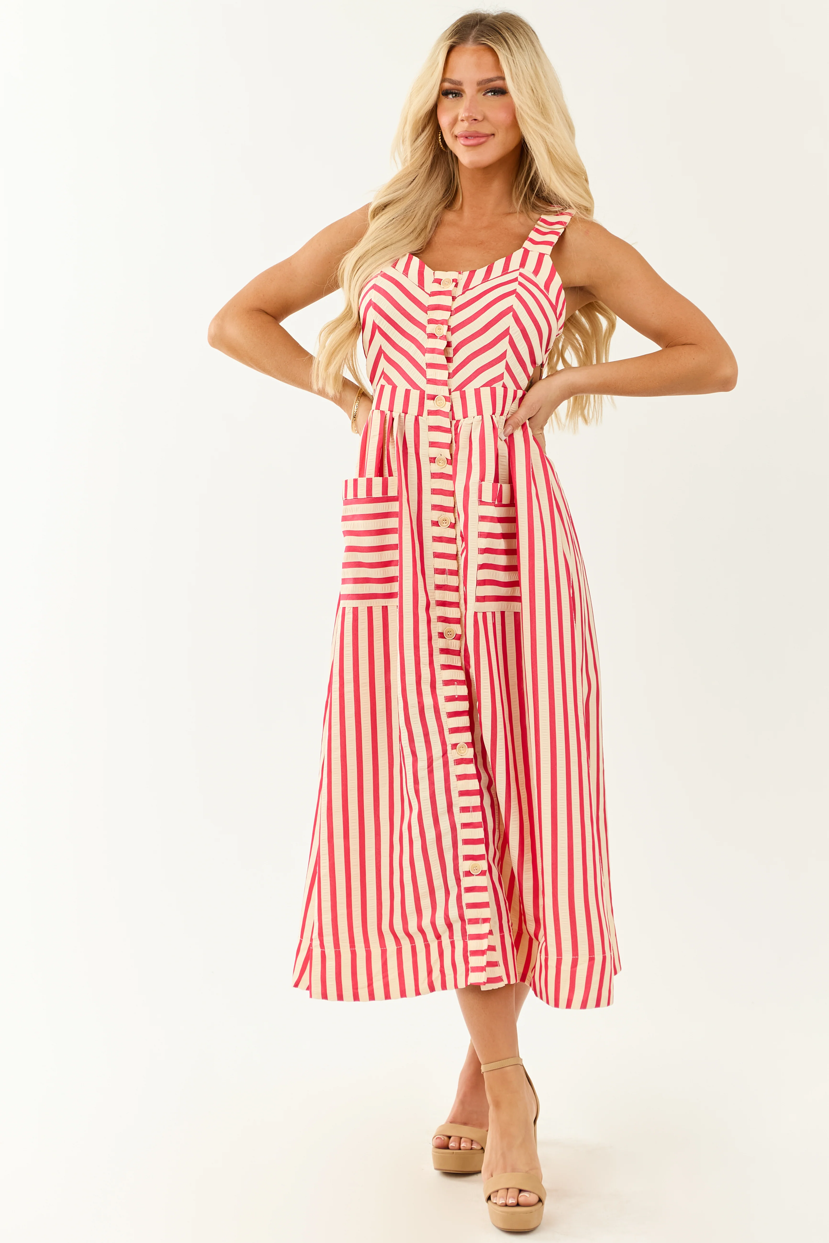 Entro Crimson and Cream Striped Cut Out Midi Dress - Image 4