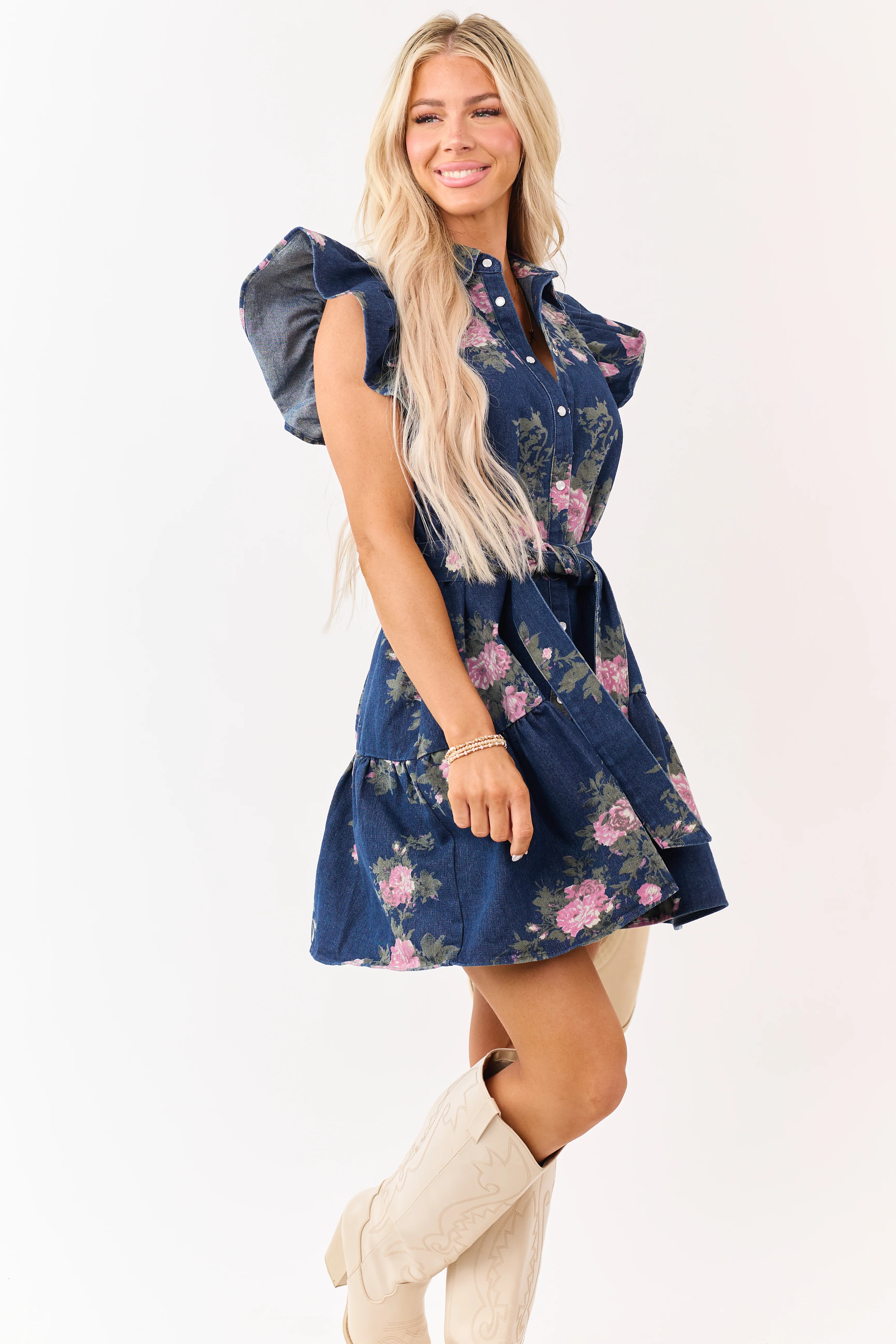 Entro Dark Denim Floral Button Down Mini Dress - Image 3