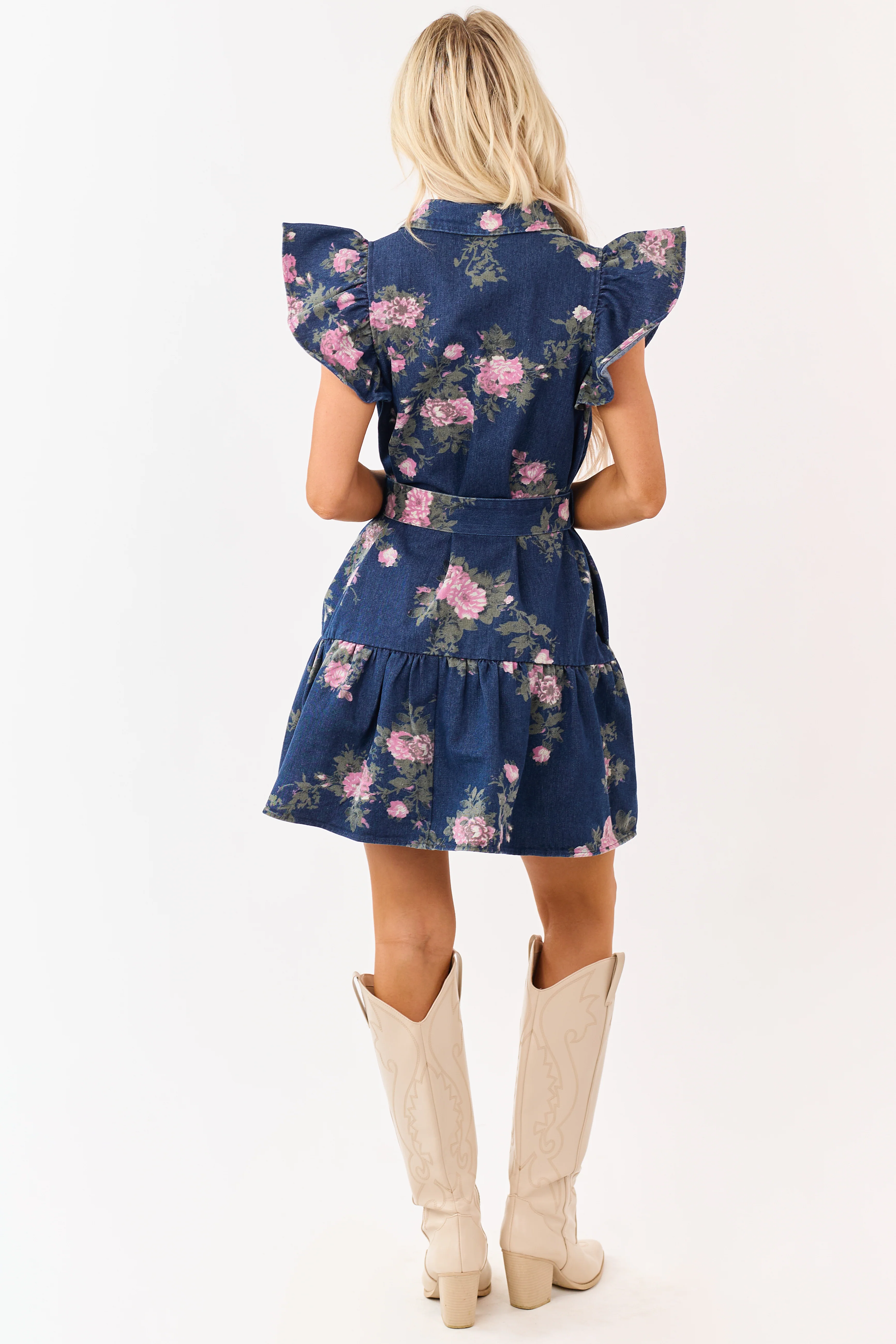 Entro Dark Denim Floral Button Down Mini Dress - Image 6