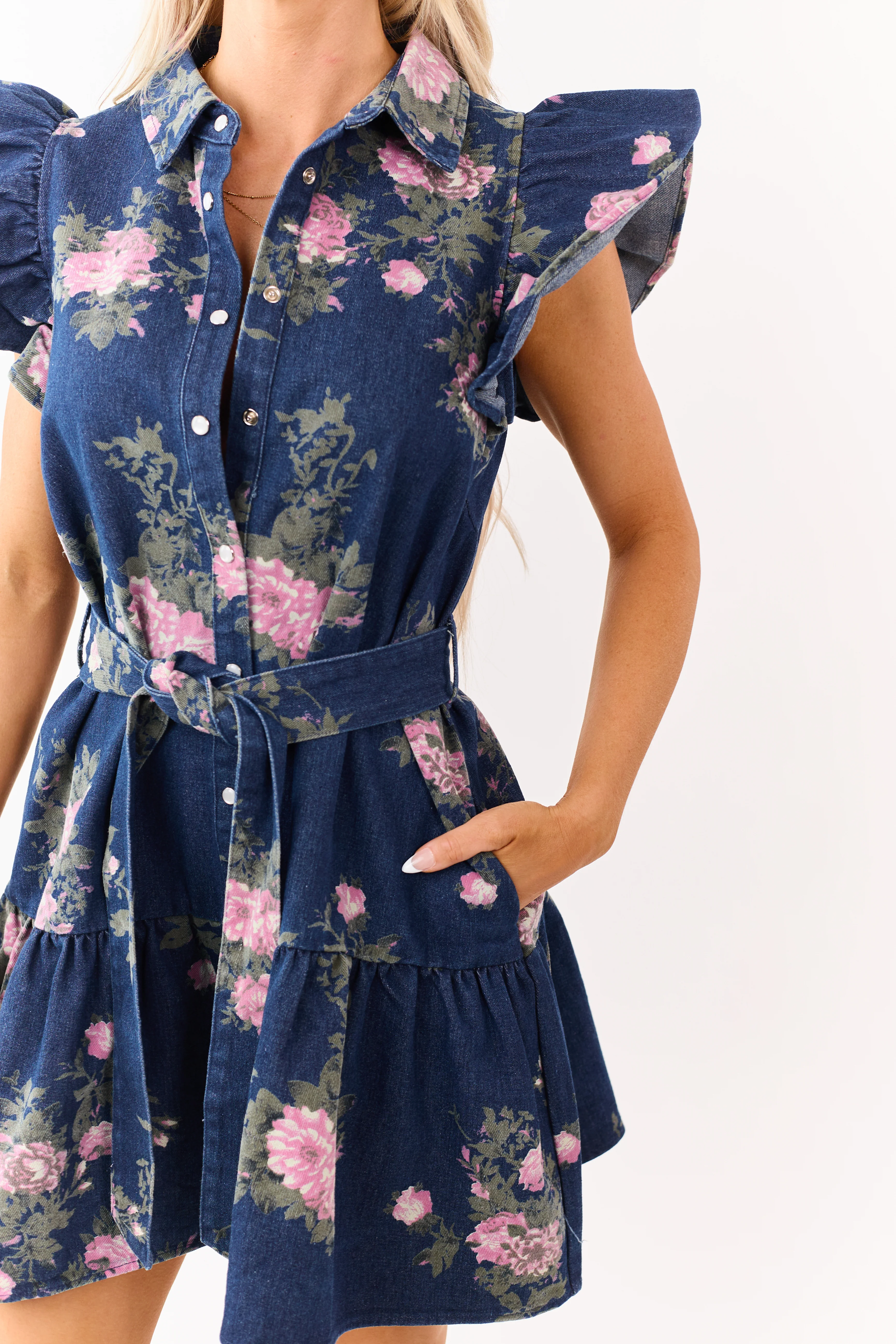 Entro Dark Denim Floral Button Down Mini Dress - Image 7