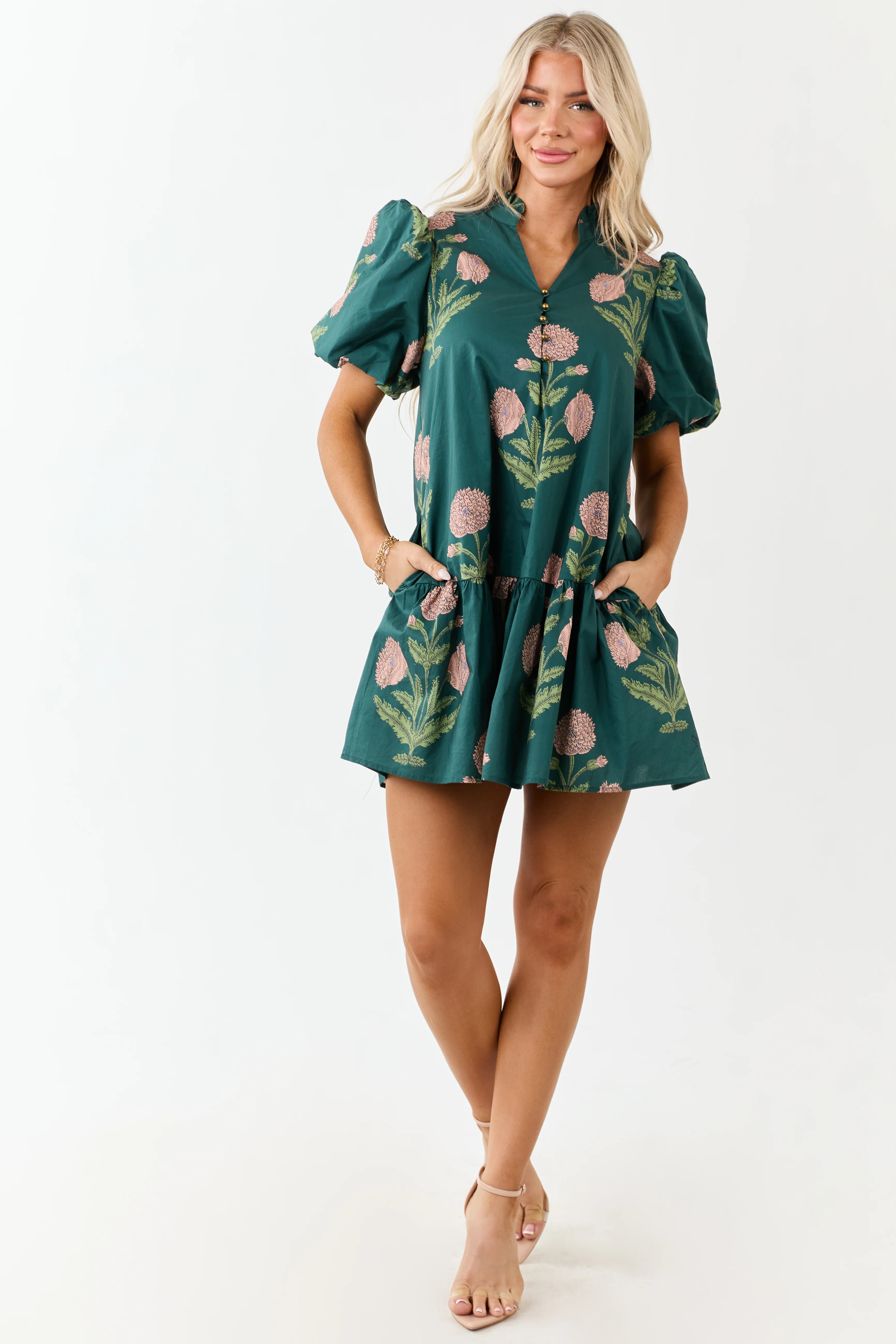 Entro Forest Green Floral Print Cotton Mini Dress - Image 3