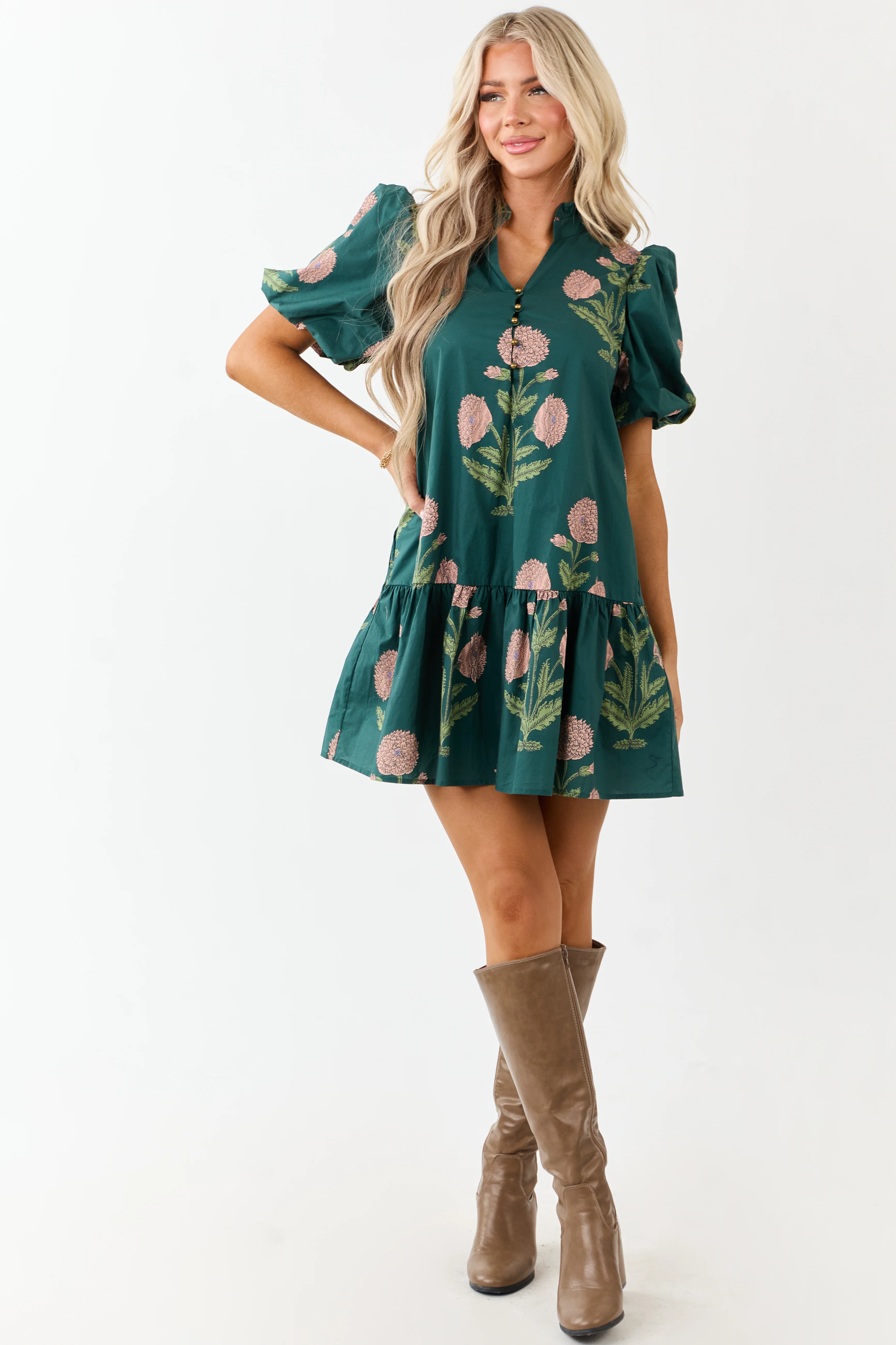Entro Forest Green Floral Print Cotton Mini Dress - Image 7