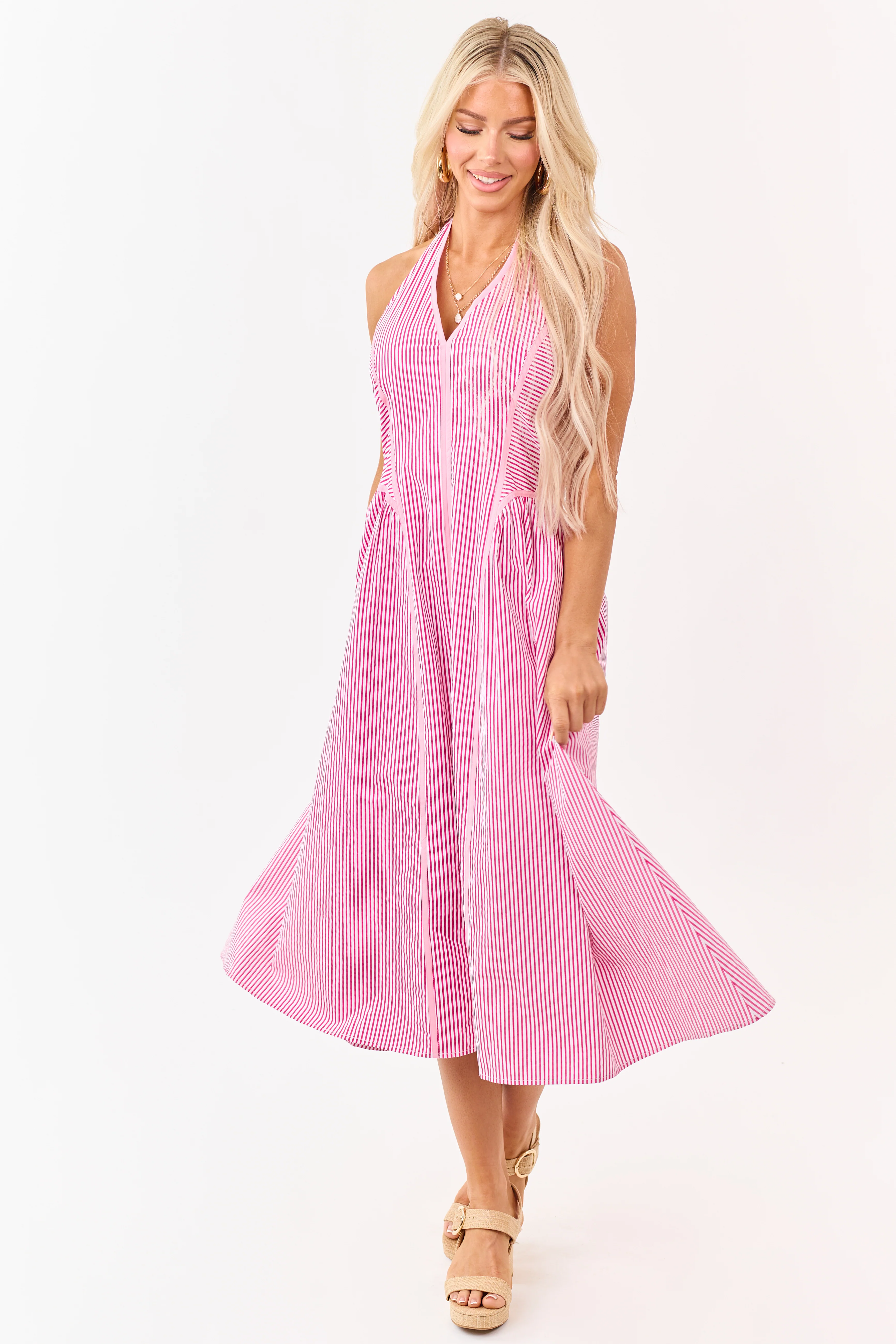 Entro Hot Pink Striped Cotton Halter Midi Dress - Image 4
