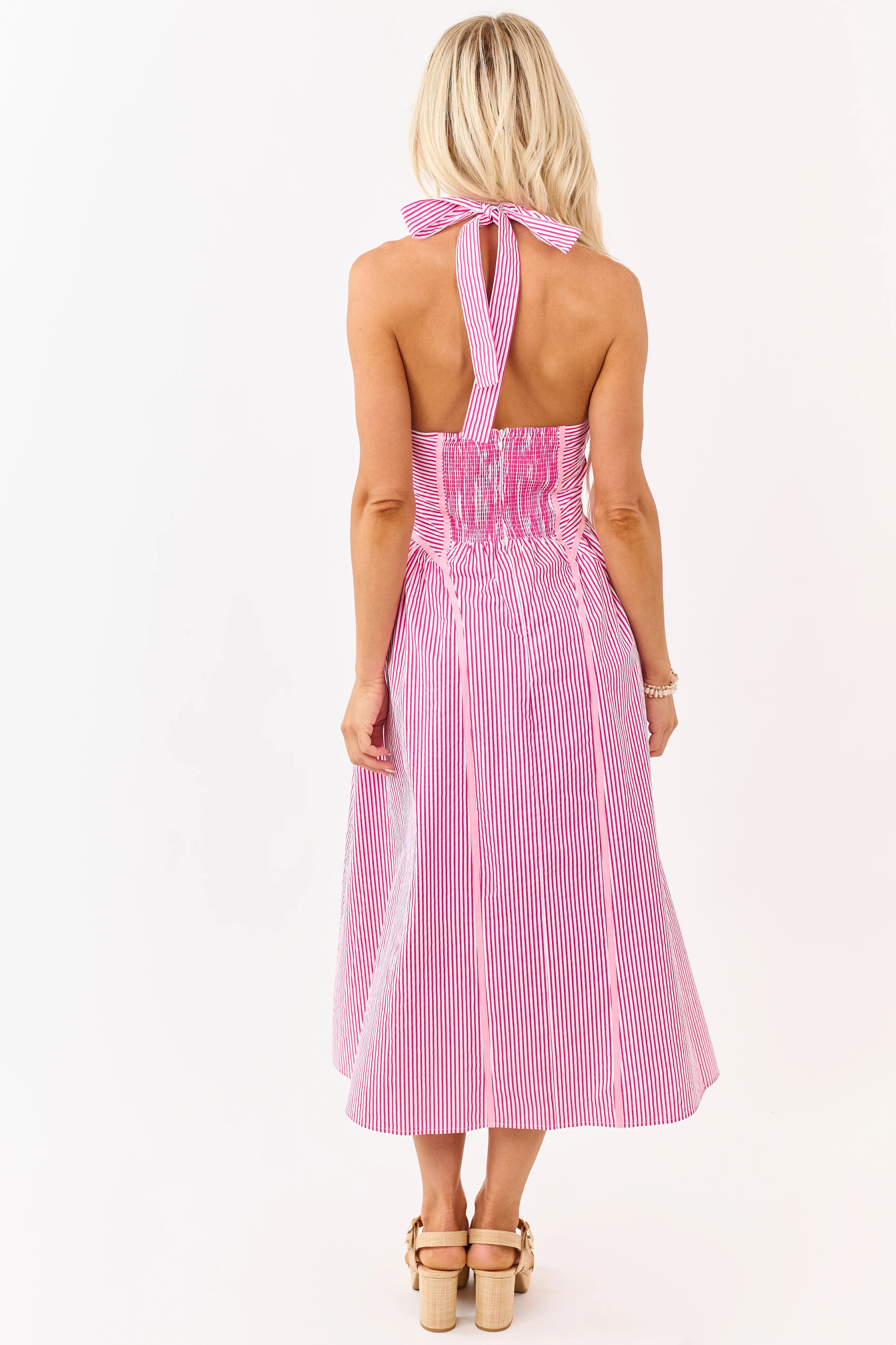 Entro Hot Pink Striped Cotton Halter Midi Dress - Image 6