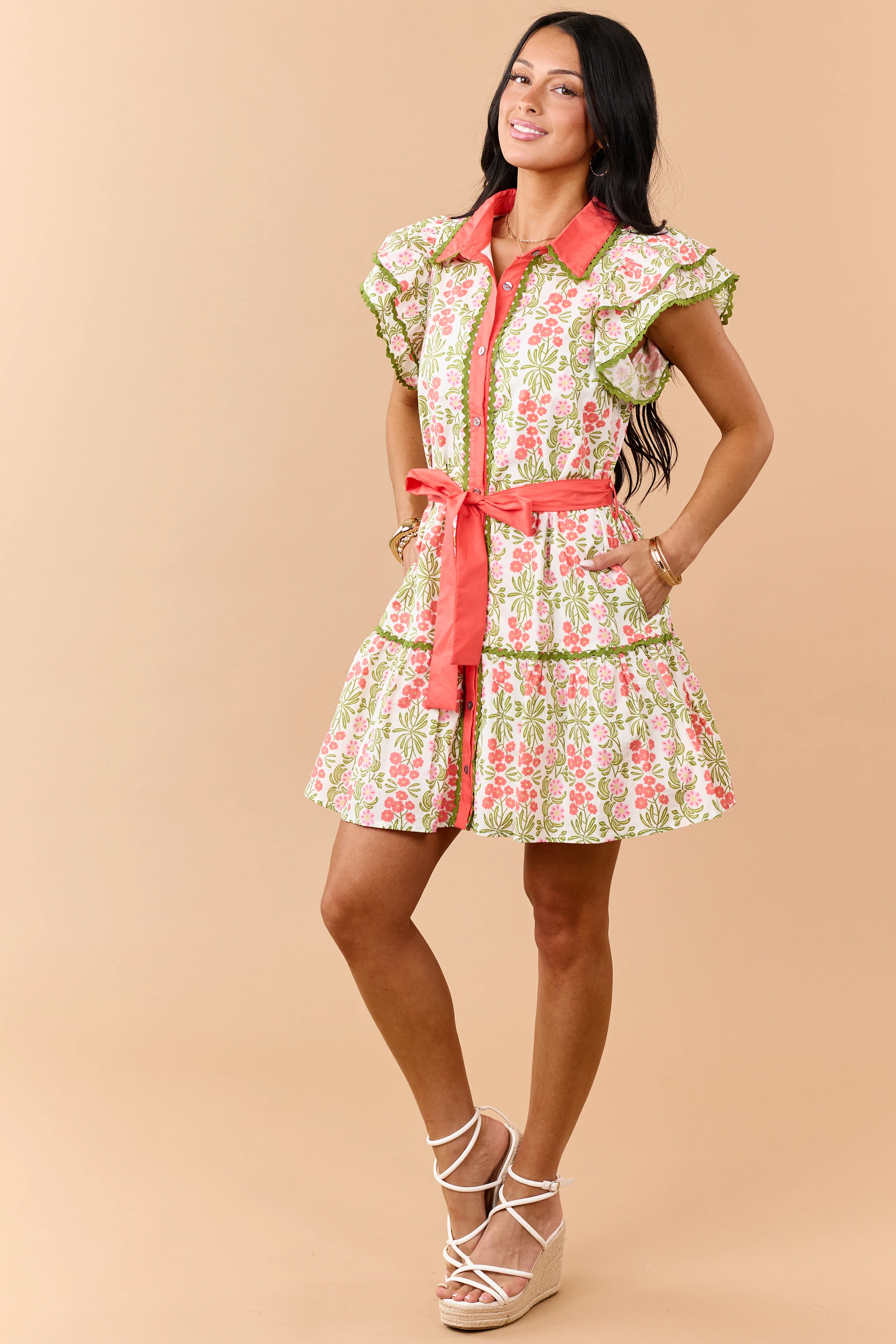 Entro Ivory Floral Print Buttoned Cotton Mini Dress - Image 2