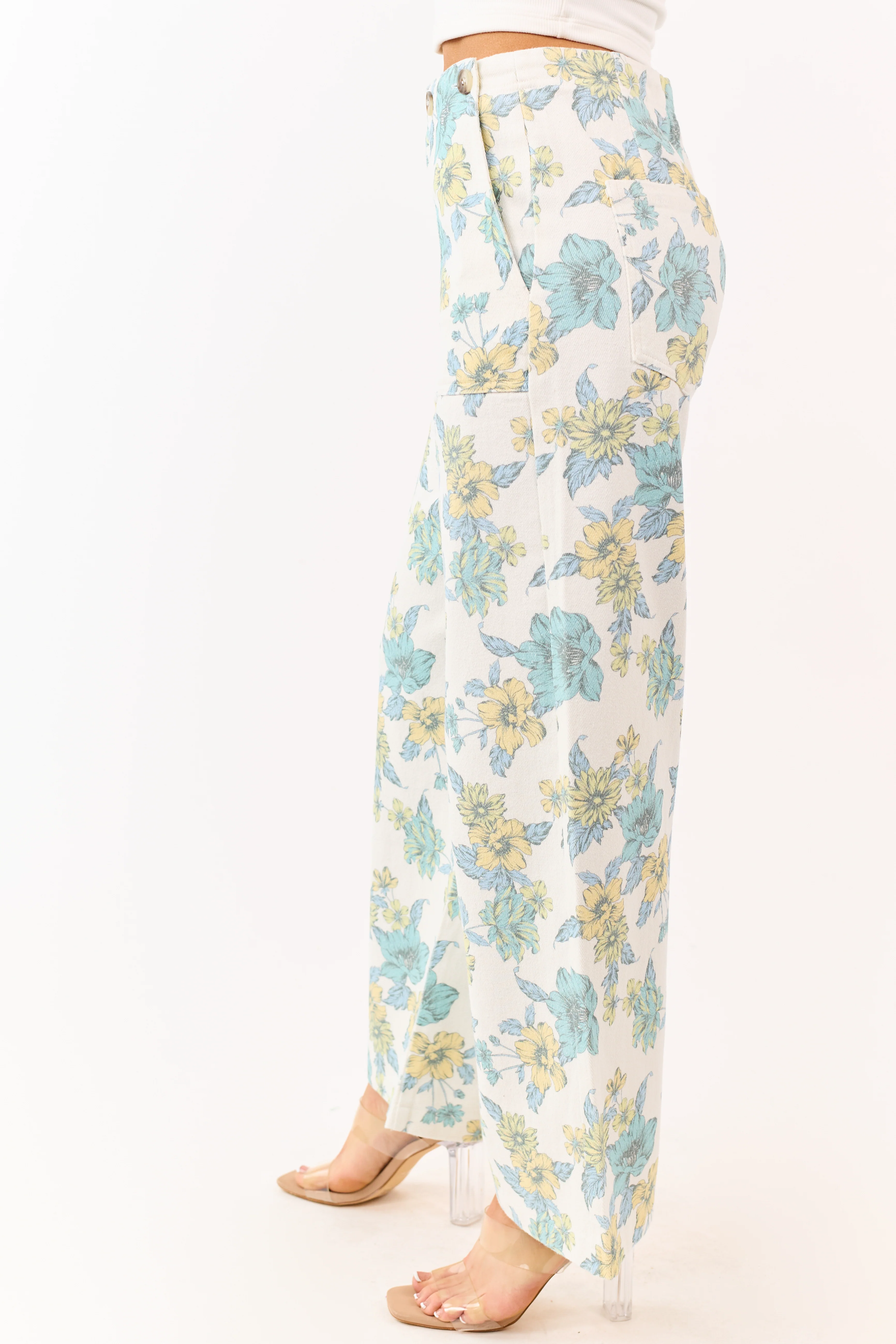Entro Ivory Floral Print Wide Leg Denim Pants - Image 3