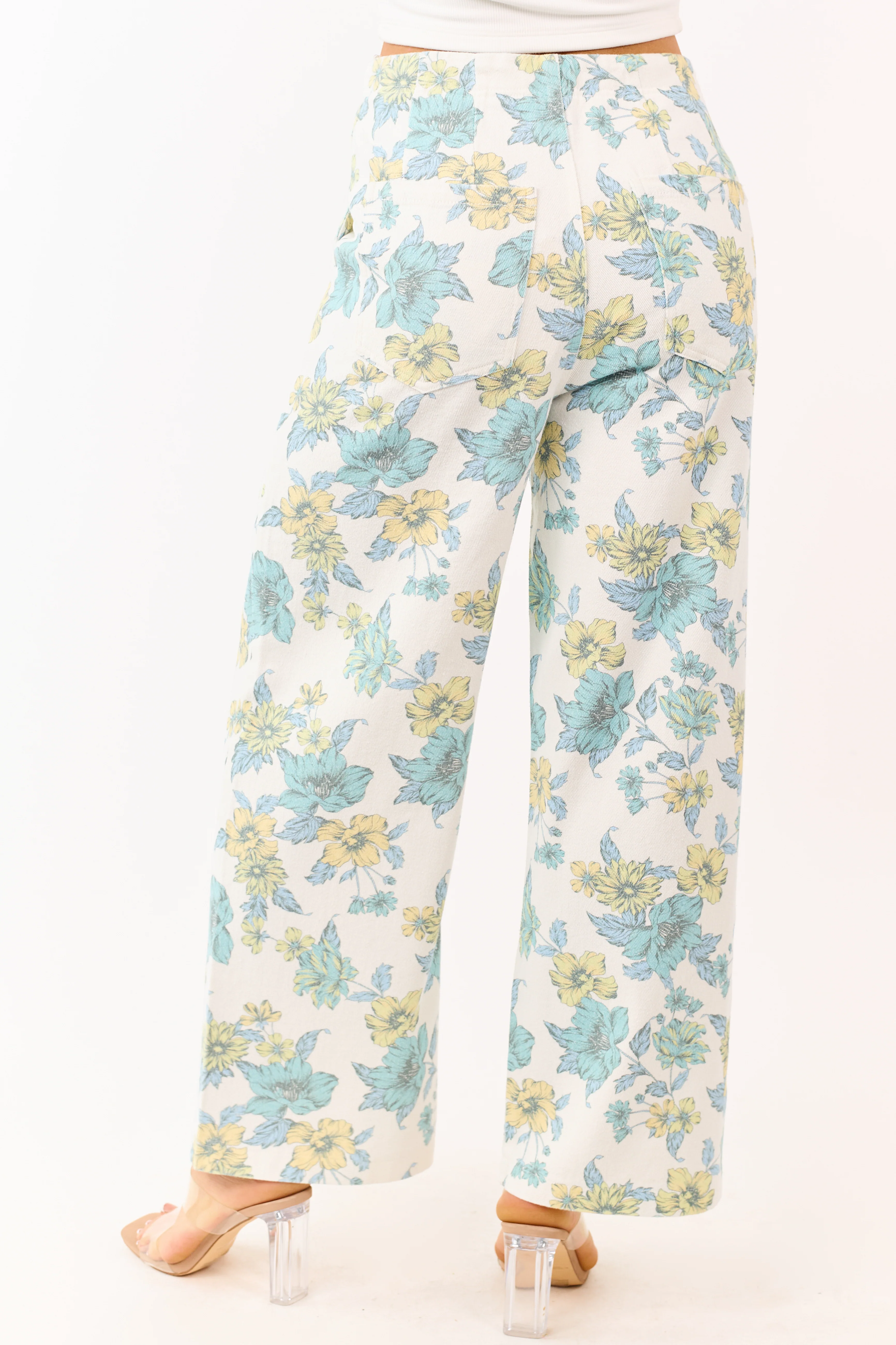 Entro Ivory Floral Print Wide Leg Denim Pants - Image 4