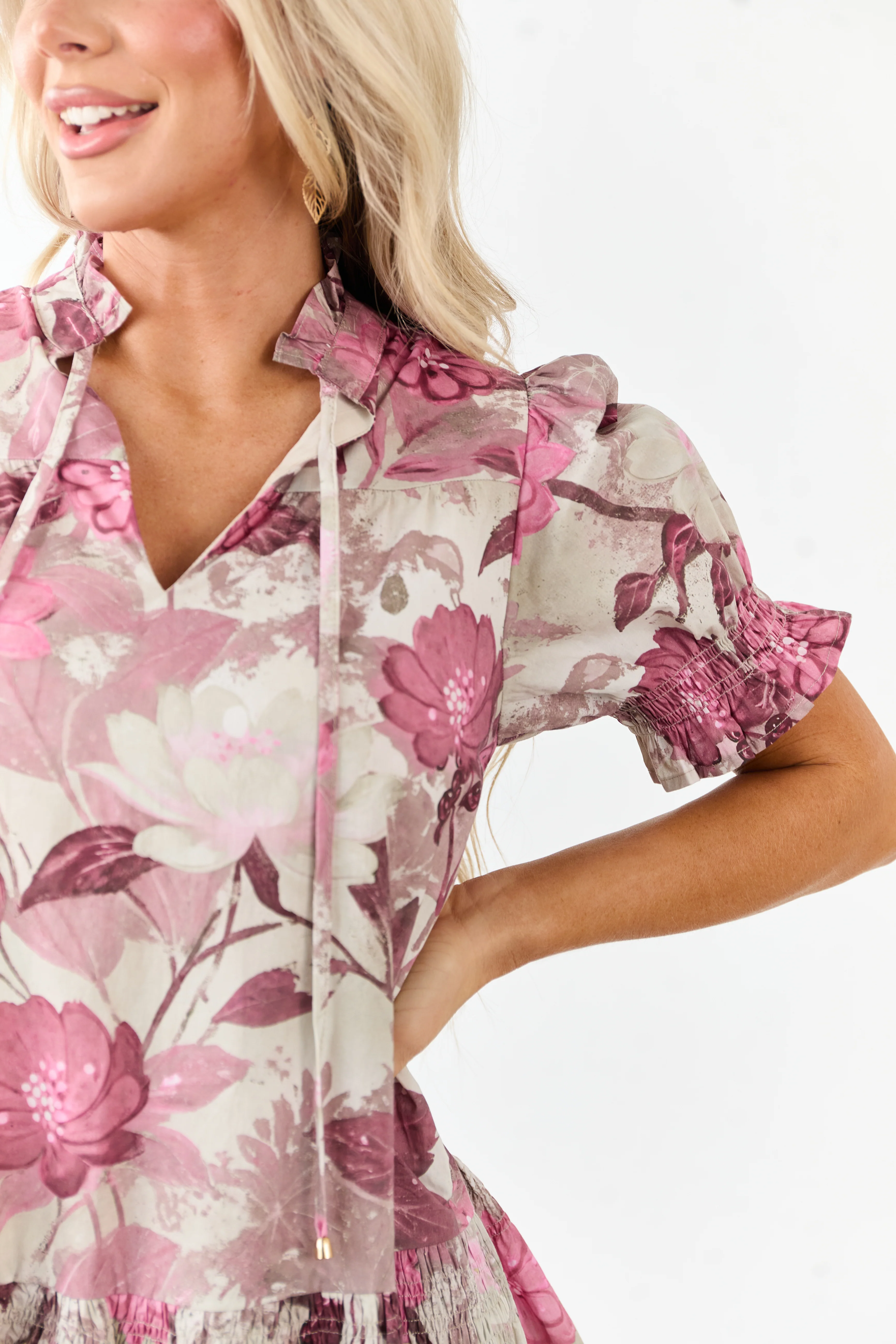 Entro Ivory Floral Smocked Detail Cotton Mini Dress - Image 6