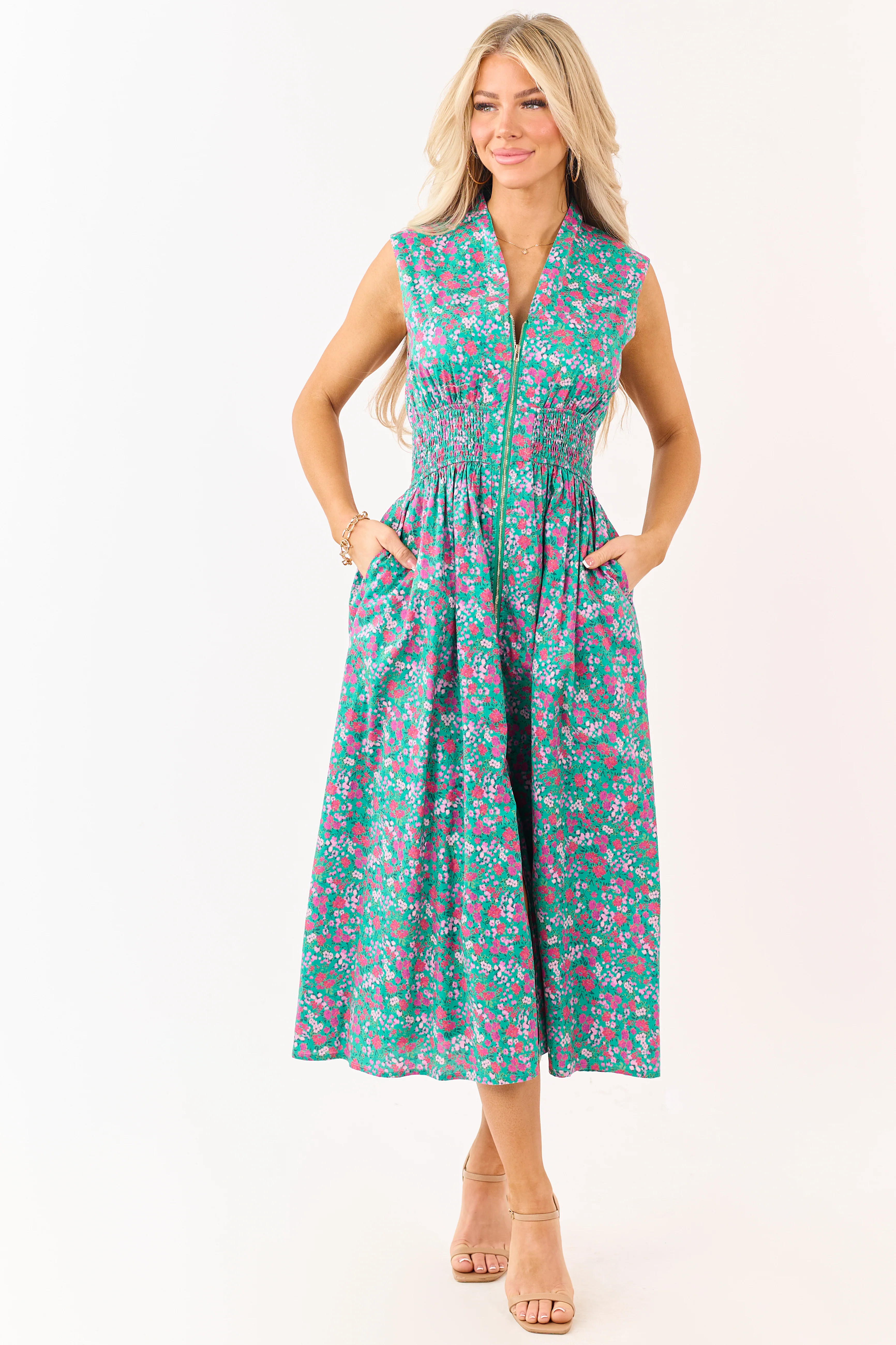 Entro Jungle Green Cotton Floral Zip Up Midi Dress - Image 2