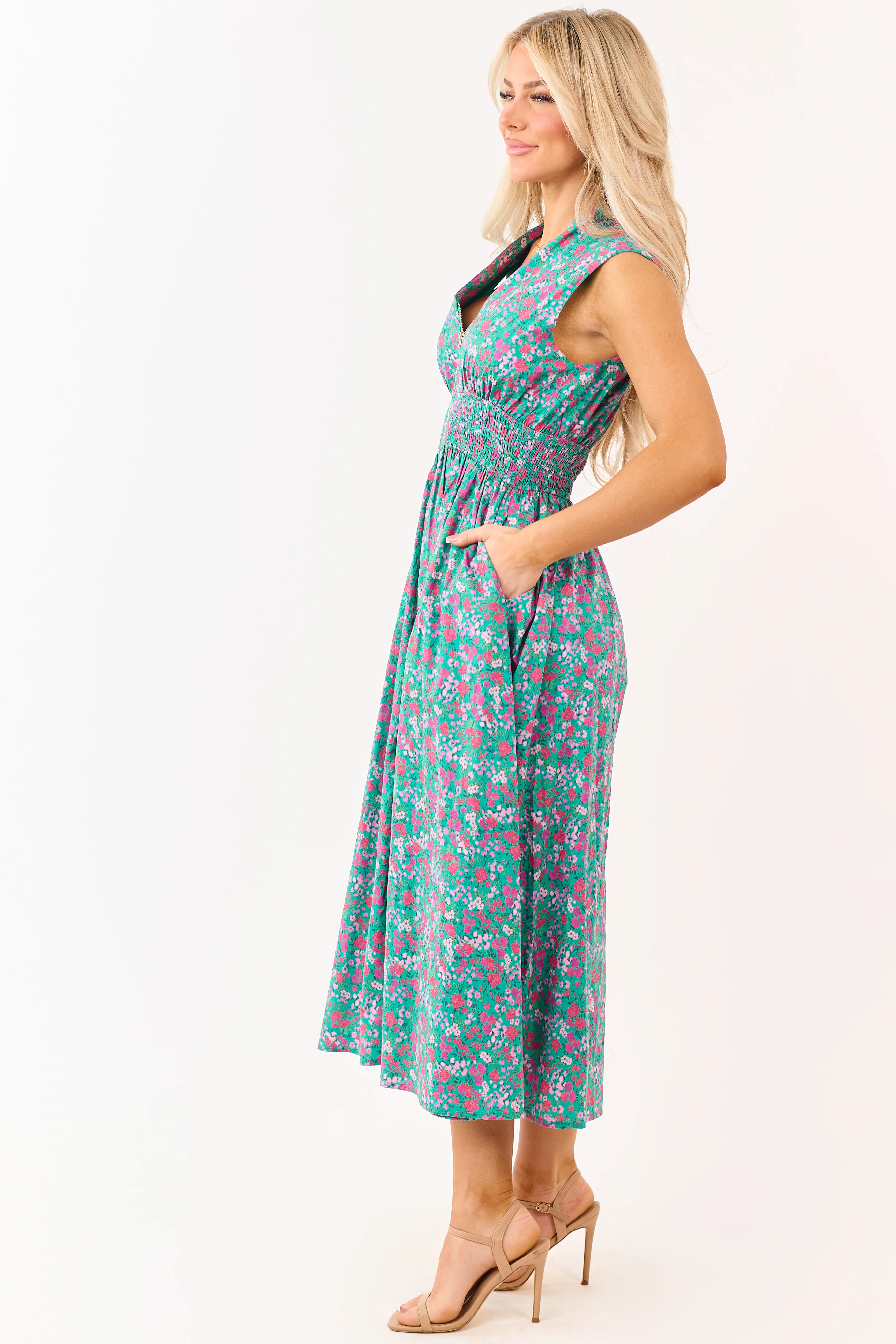 Entro Jungle Green Cotton Floral Zip Up Midi Dress - Image 6