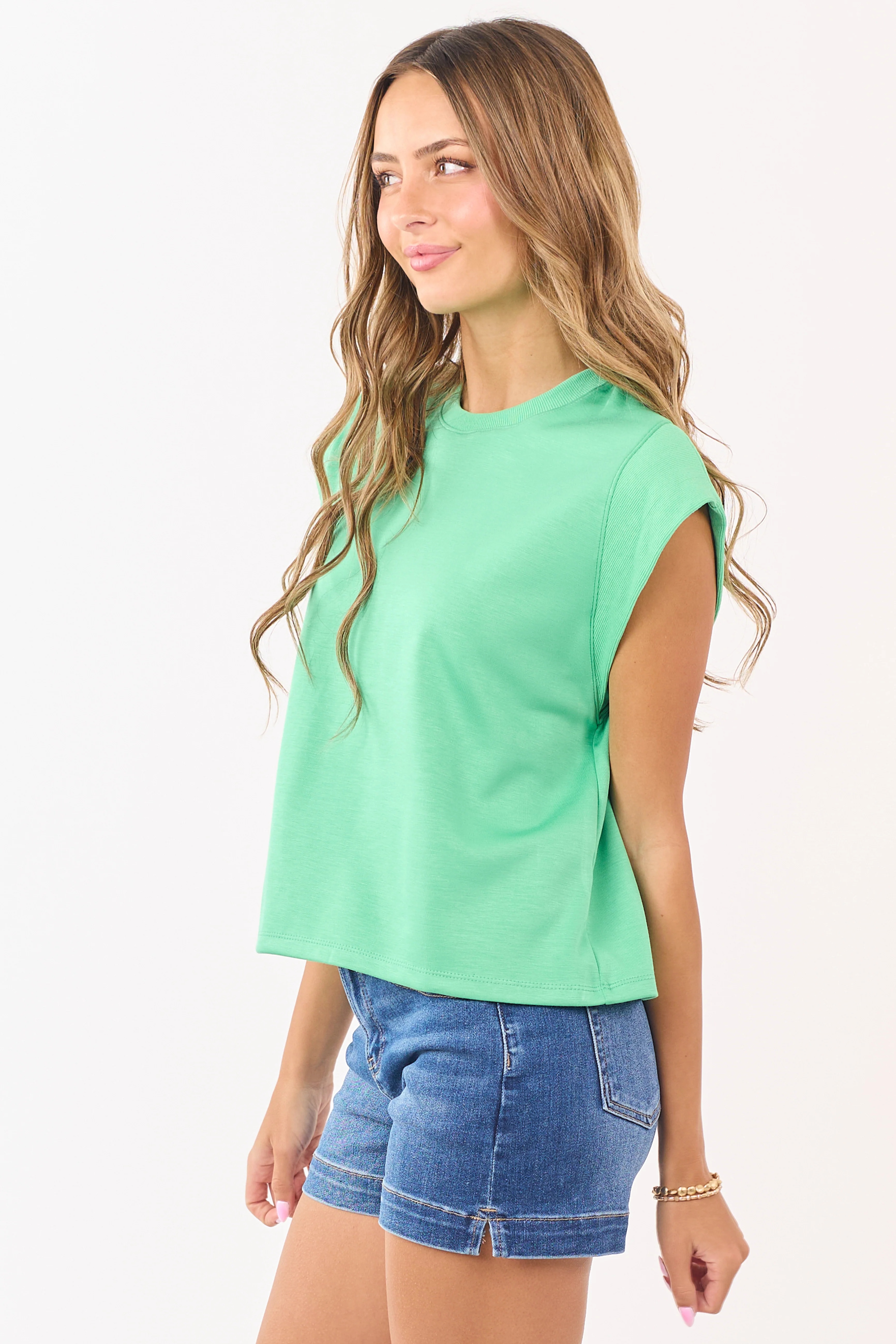 Entro Kelly Green Ribbed Soft Cap Sleeve Top - Image 3